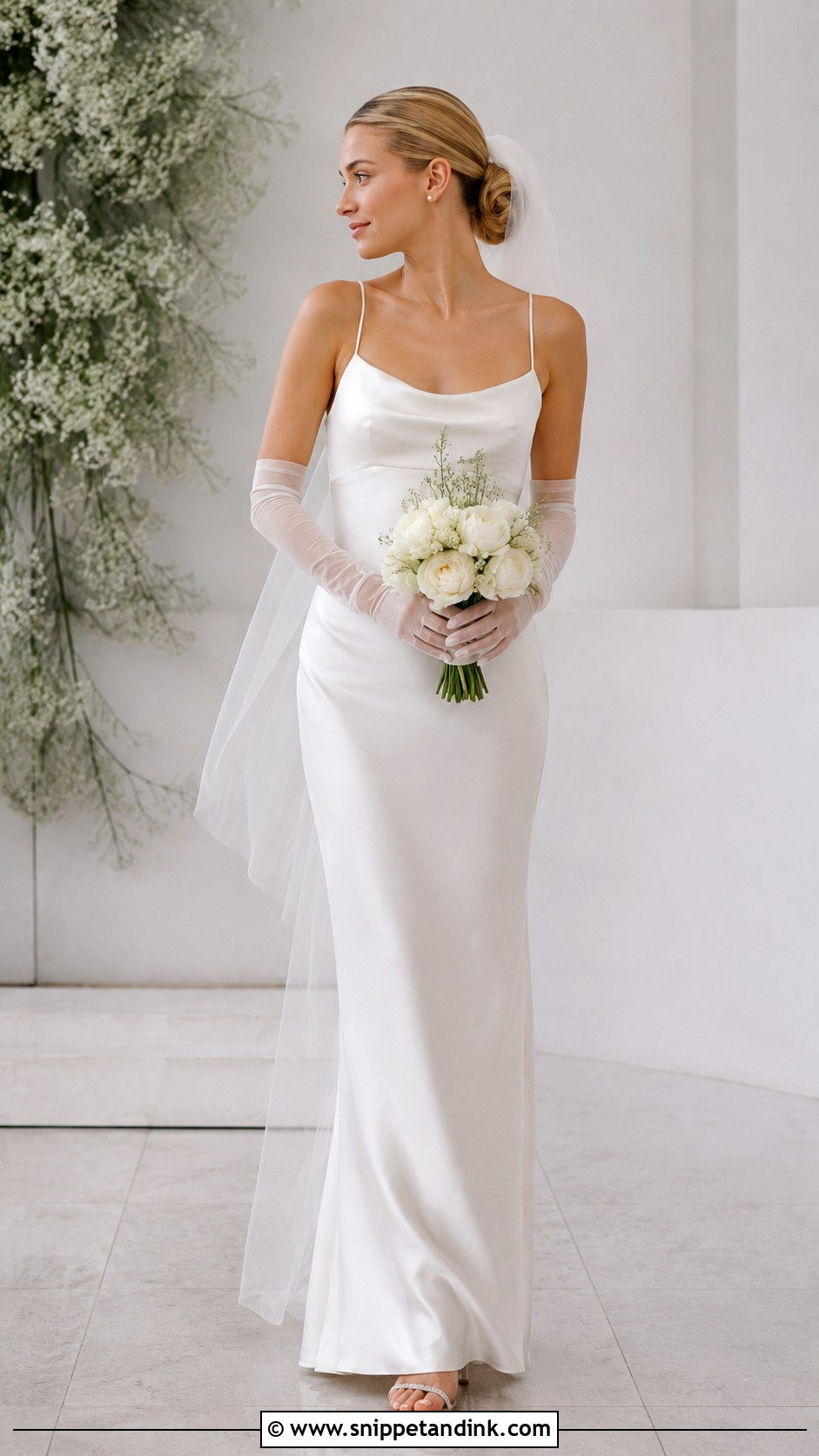 Carolyn Bessette Column Wedding Dress With Gloves - Snippet and Ink - 20 Carolyn Bessette Wedding Dress Ideas