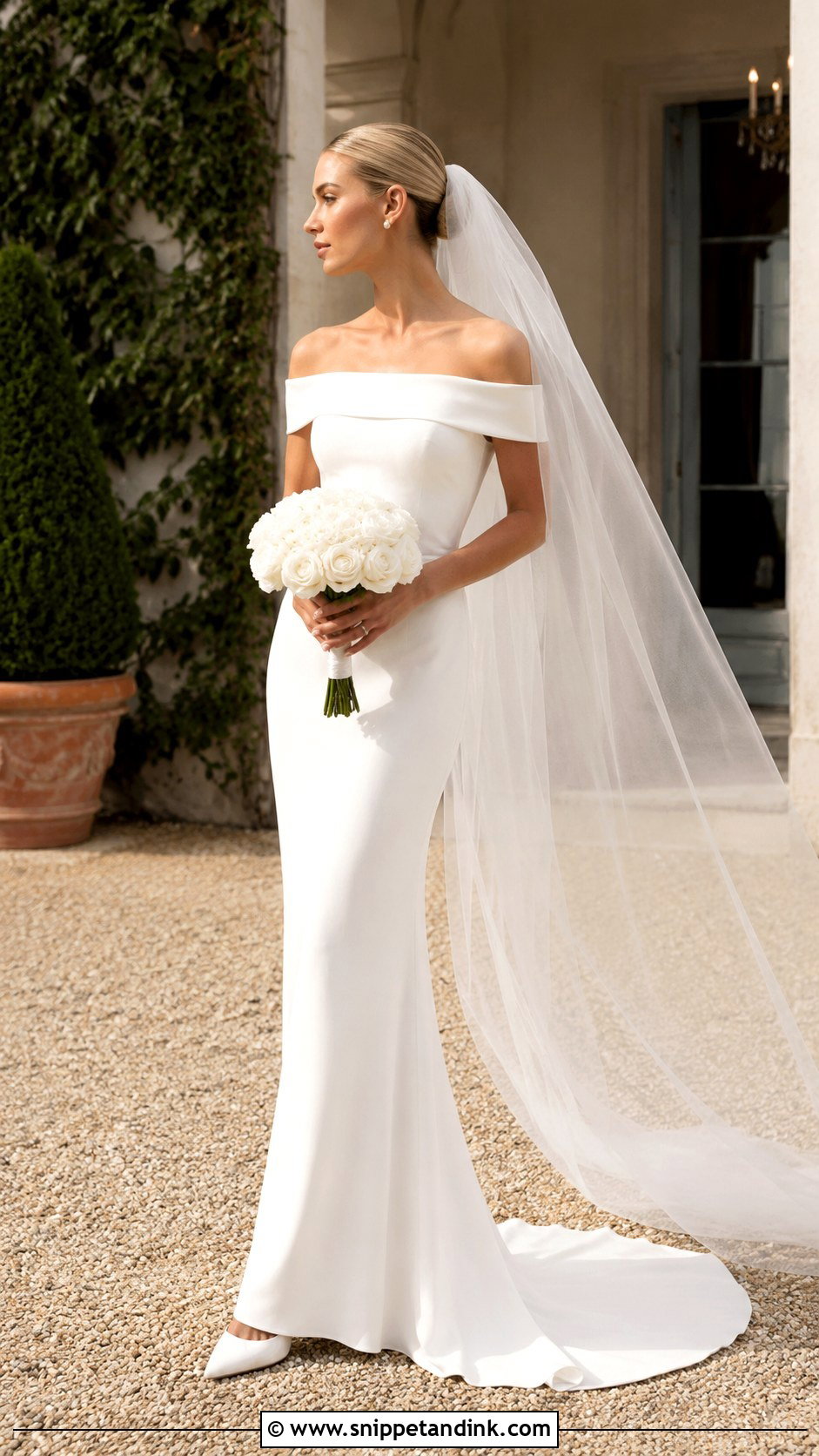 Carolyn Bessette Off Shoulder Wedding Dress - Snippet and Ink - 20 Carolyn Bessette Wedding Dress Ideas