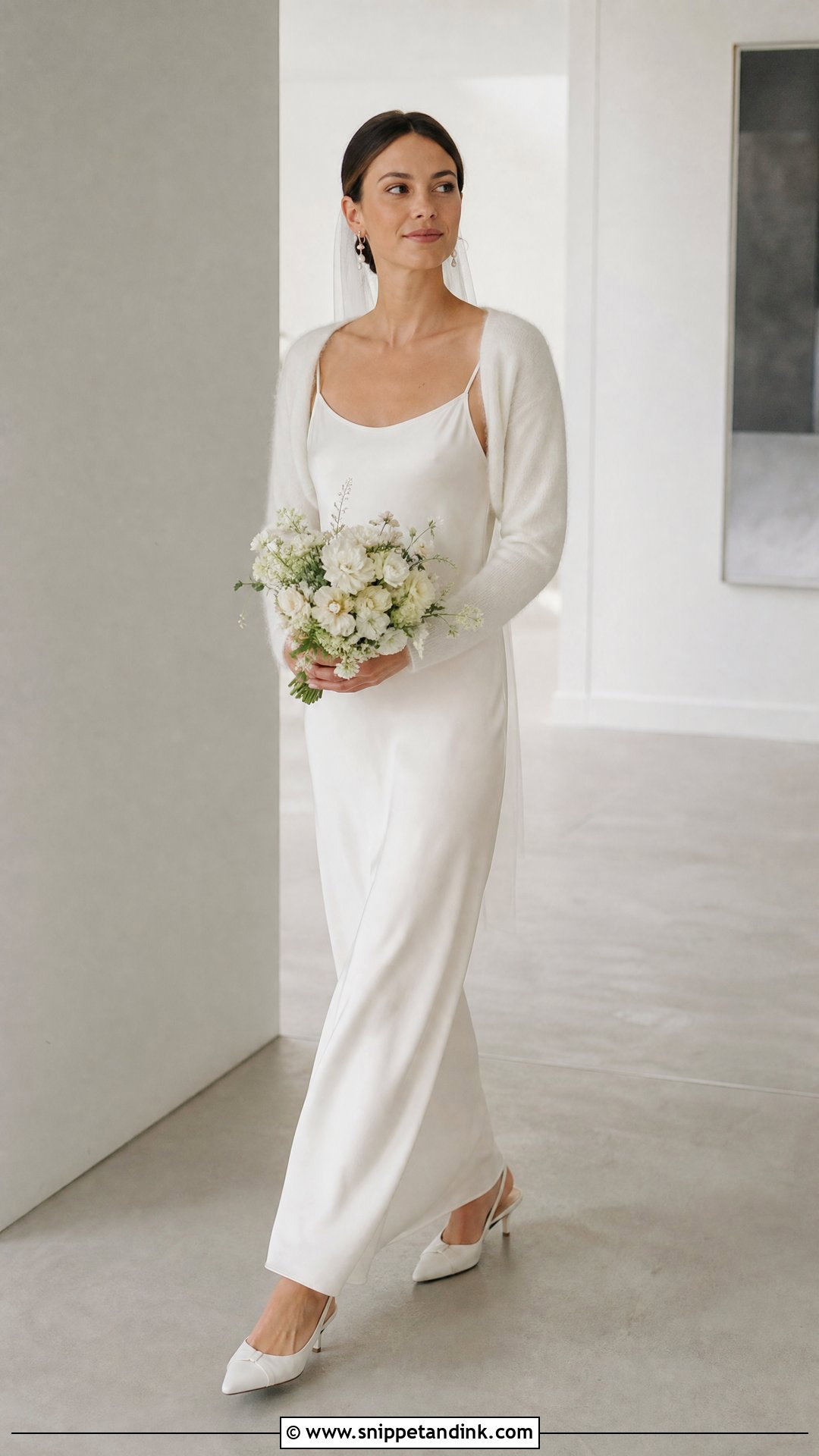 Cashmere Bolero With Minimalist Slip Dress - Snippet and Ink - 20 Wedding Bolero Long Sleeve Ideas