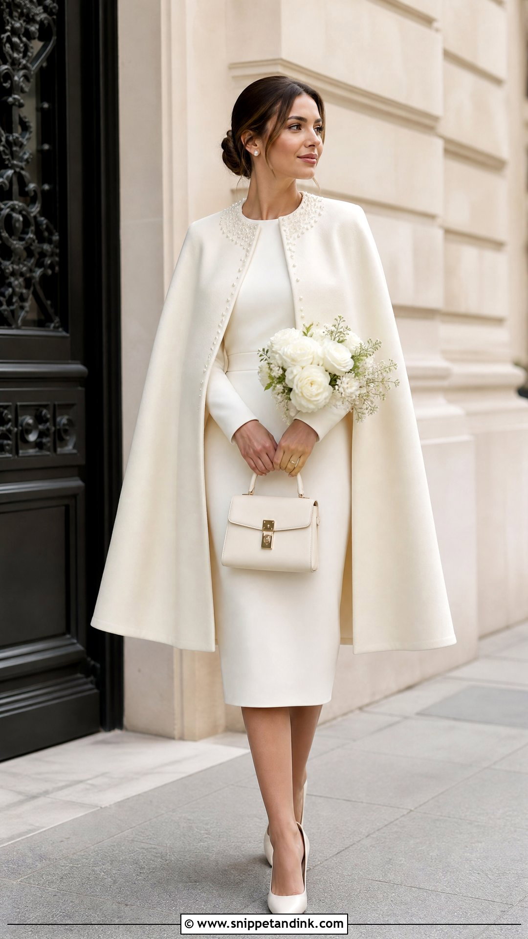 Cashmere Bridal Cape With Sheath Wedding Dress - Snippet and Ink - 20 Winter Bridal Cape Ideas