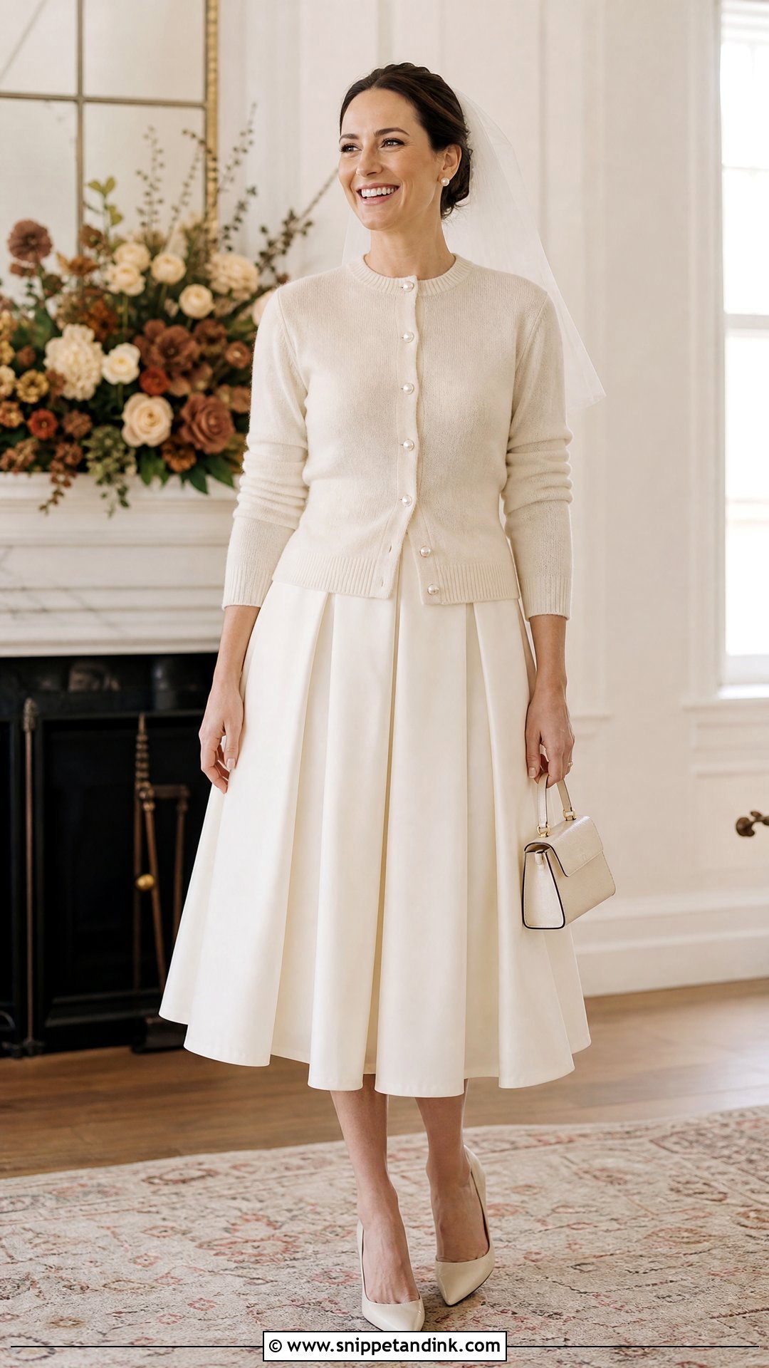 Cashmere Cardigan With Tea Length Wedding Dress - Snippet and Ink - 20 Wedding Jacket Bride Cover Up Ideas