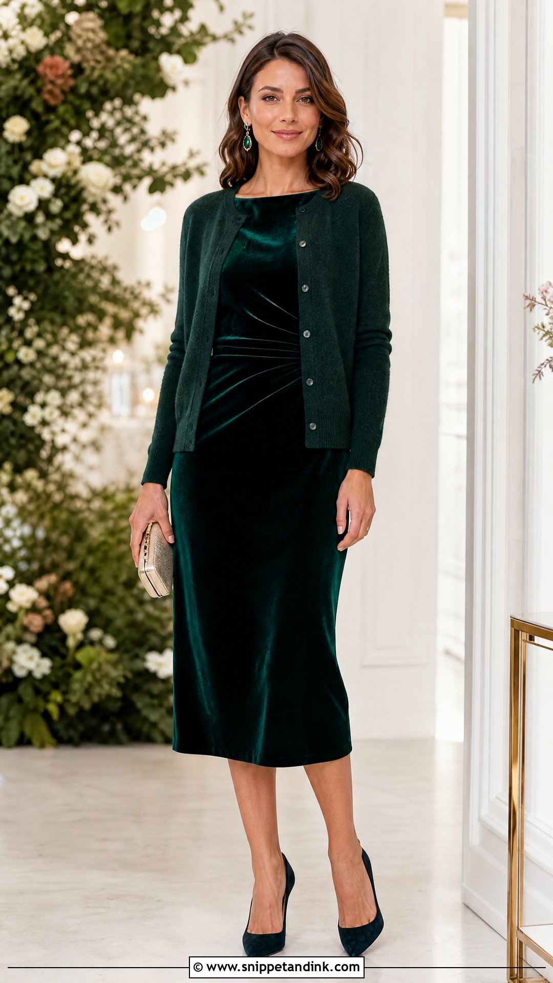 Cashmere Cardigan With Velvet Midi Dress - Snippet and Ink - 20 Wedding Cardigan Ideas