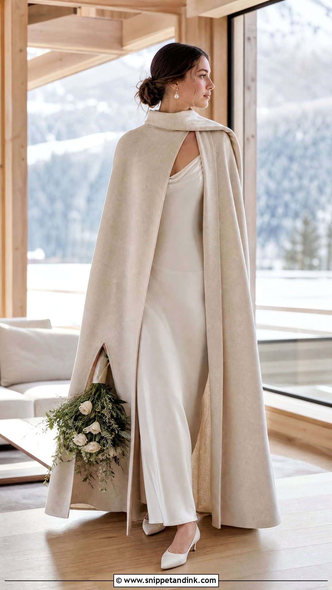 Cashmere Winter Wedding Cape With Slip Dress - Snippet and Ink - 20 Winter Wedding Cape Ideas