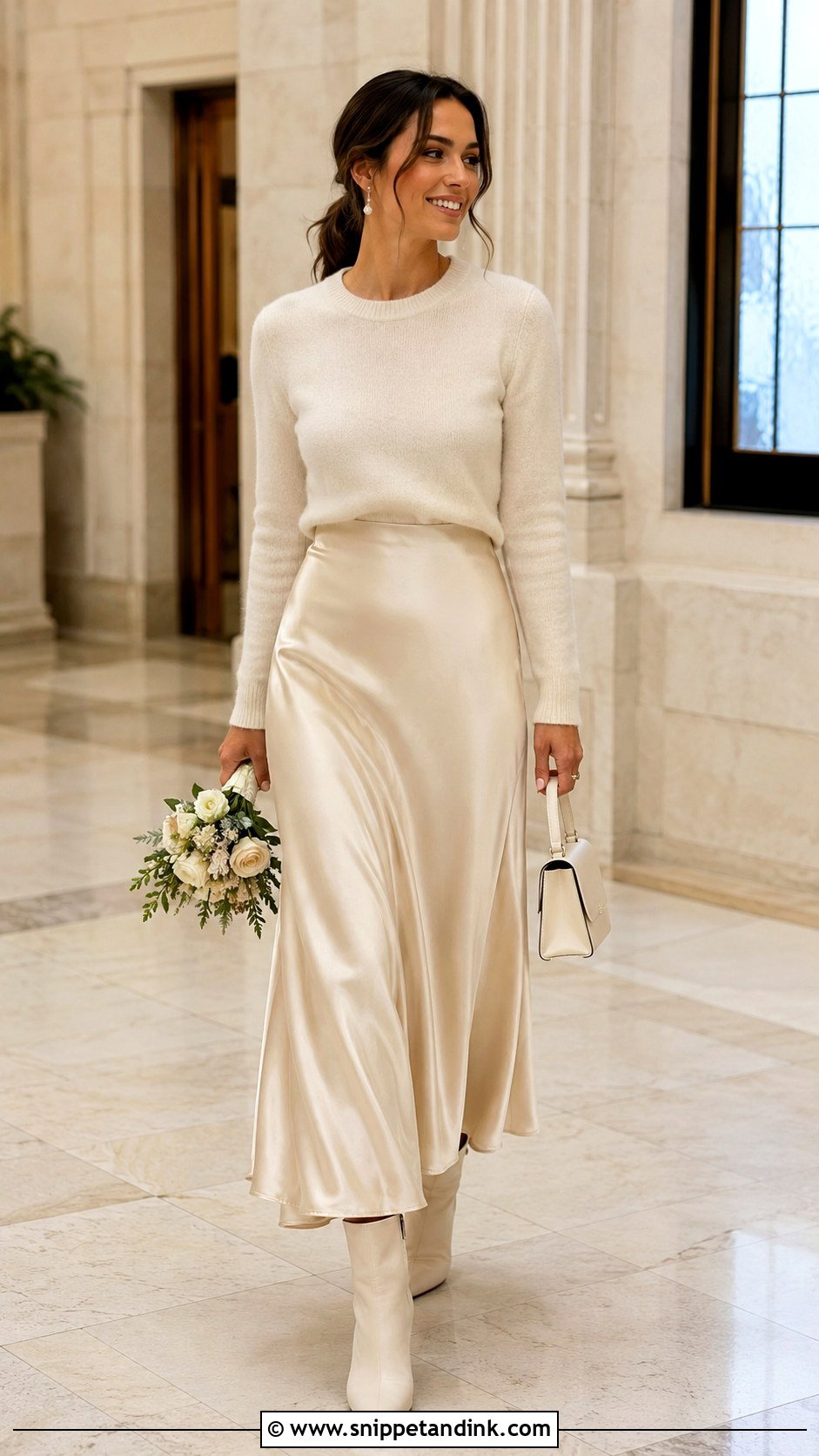 Casual Bridal Sweater And Satin Skirt Outfit - Snippet and Ink - 20 Casual Bridal Outfits