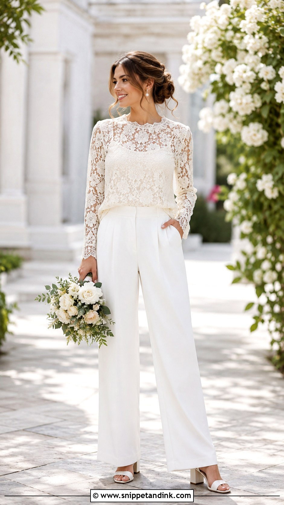 Casual Bride Lace Top And Pants Outfit - Snippet and Ink - 25 Casual Bride Outfit Ideas