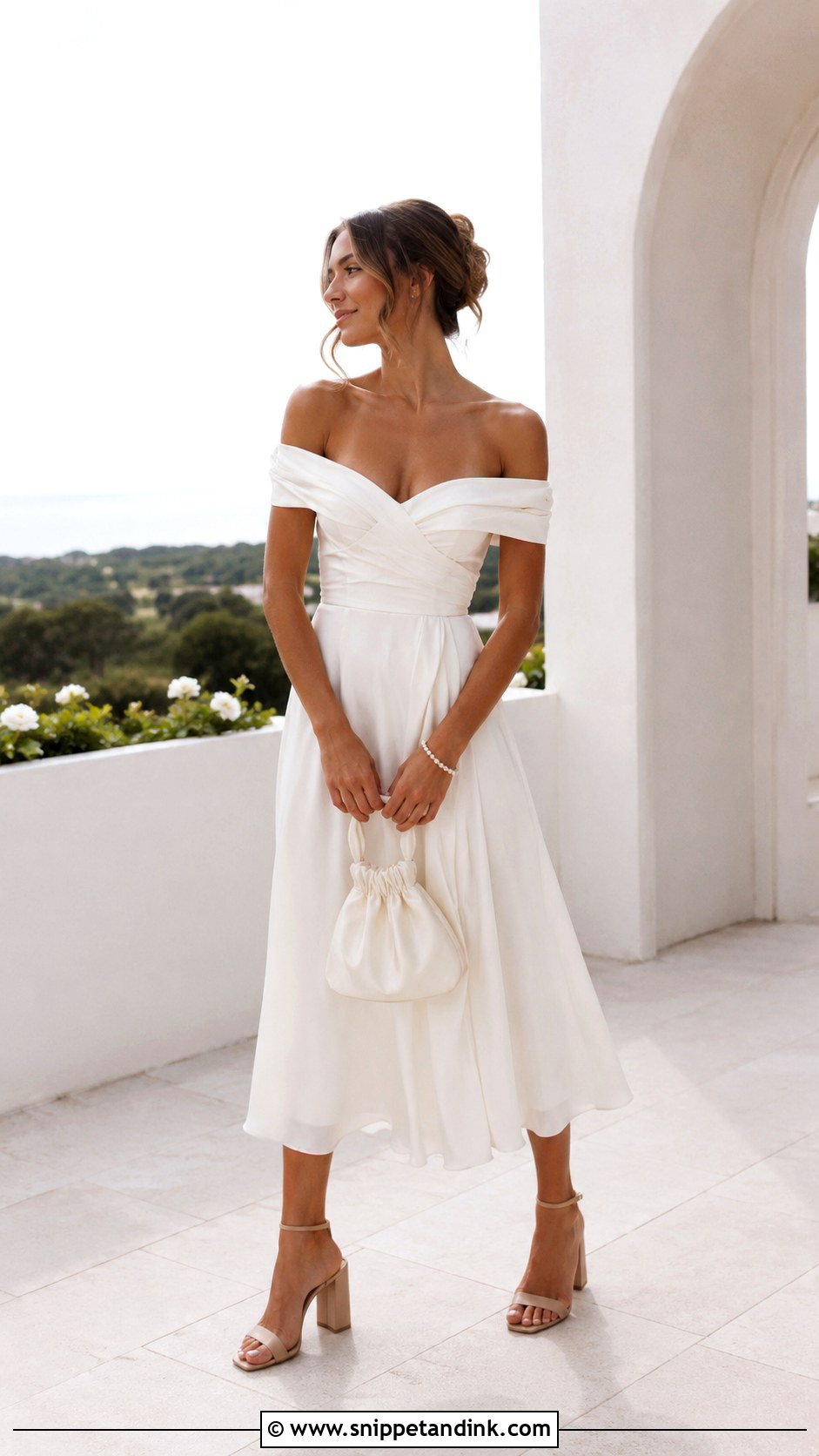 Casual Bride Off Shoulder Midi Dress Outfit - Snippet and Ink - 20 Casual Bride Outfits