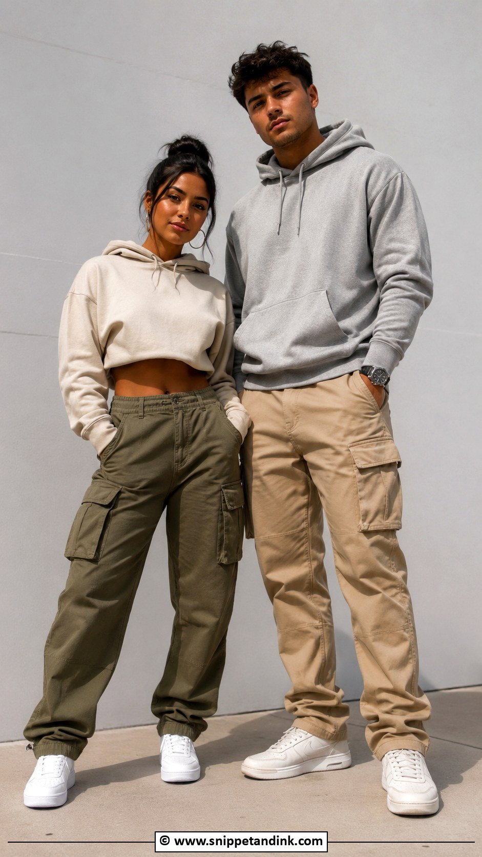 Casual Hoodie And Cargo Pants Couple Photoshoot Outfit - Snippet and Ink - 30 Couple Photoshoot Outfits
