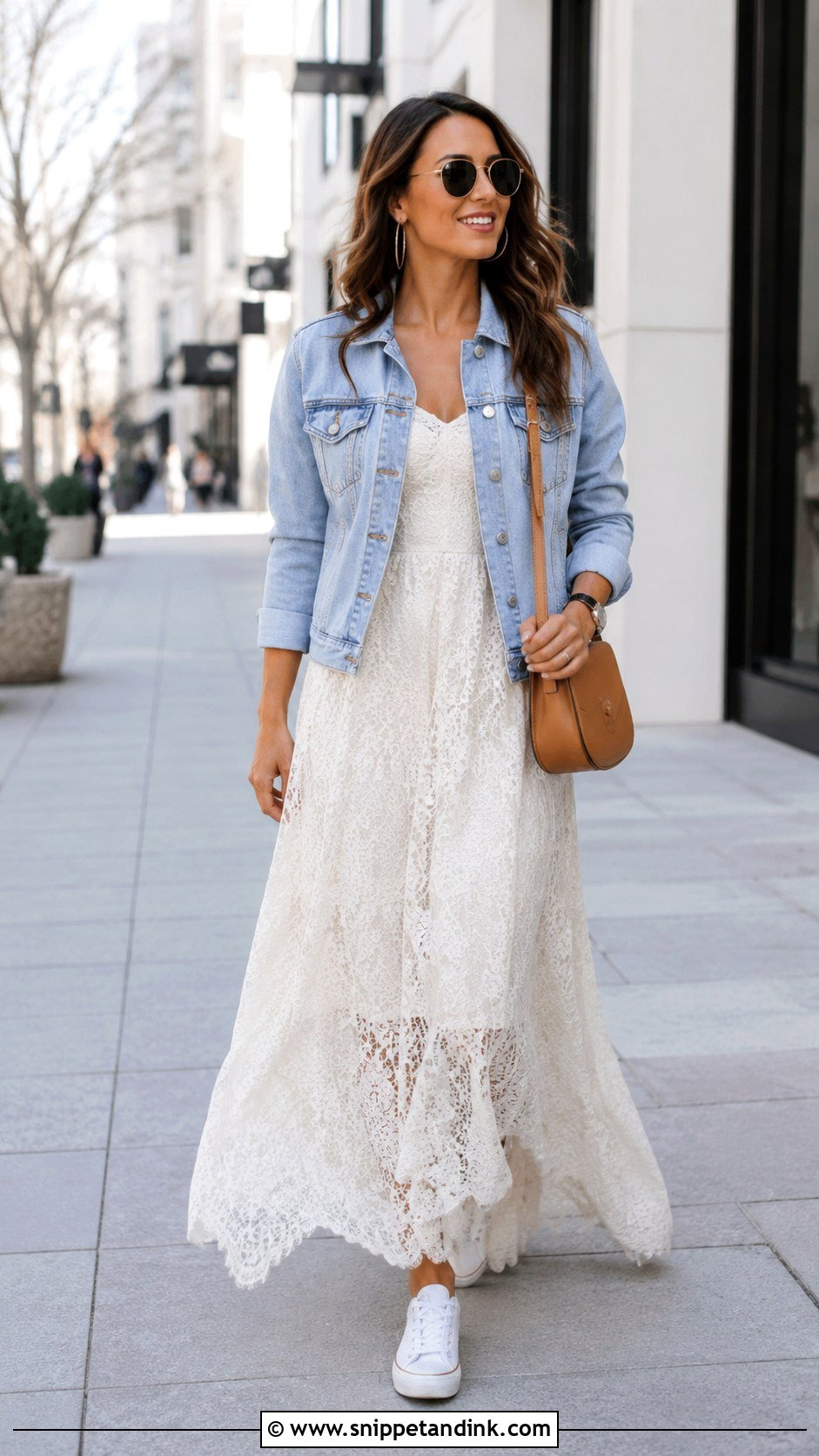 Casual Long White Lace Dress With Denim Jacket - Snippet and Ink - 20 Long White Lace Dress Ideas