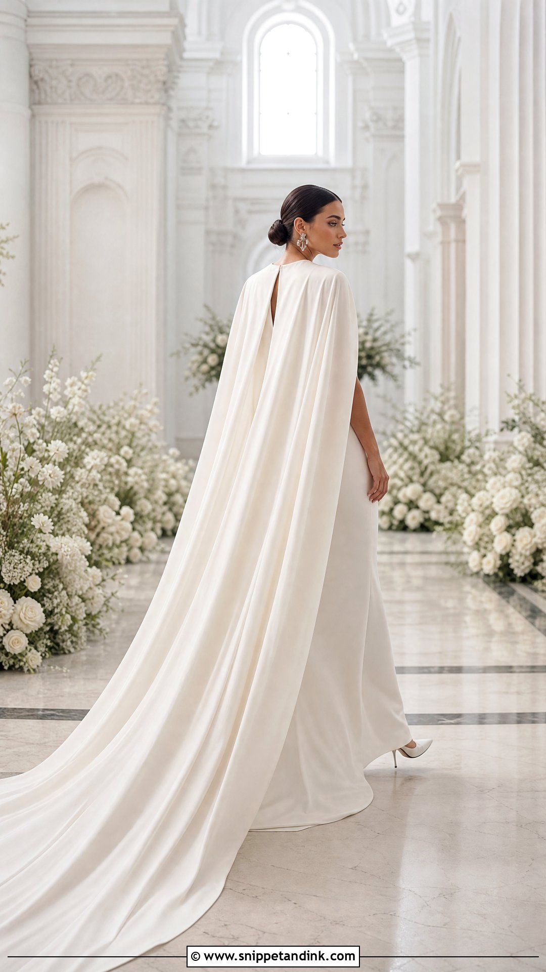 Cathedral Length Winter Wedding Cape With Crepe Gown - Snippet and Ink - 20 Winter Wedding Cape Ideas