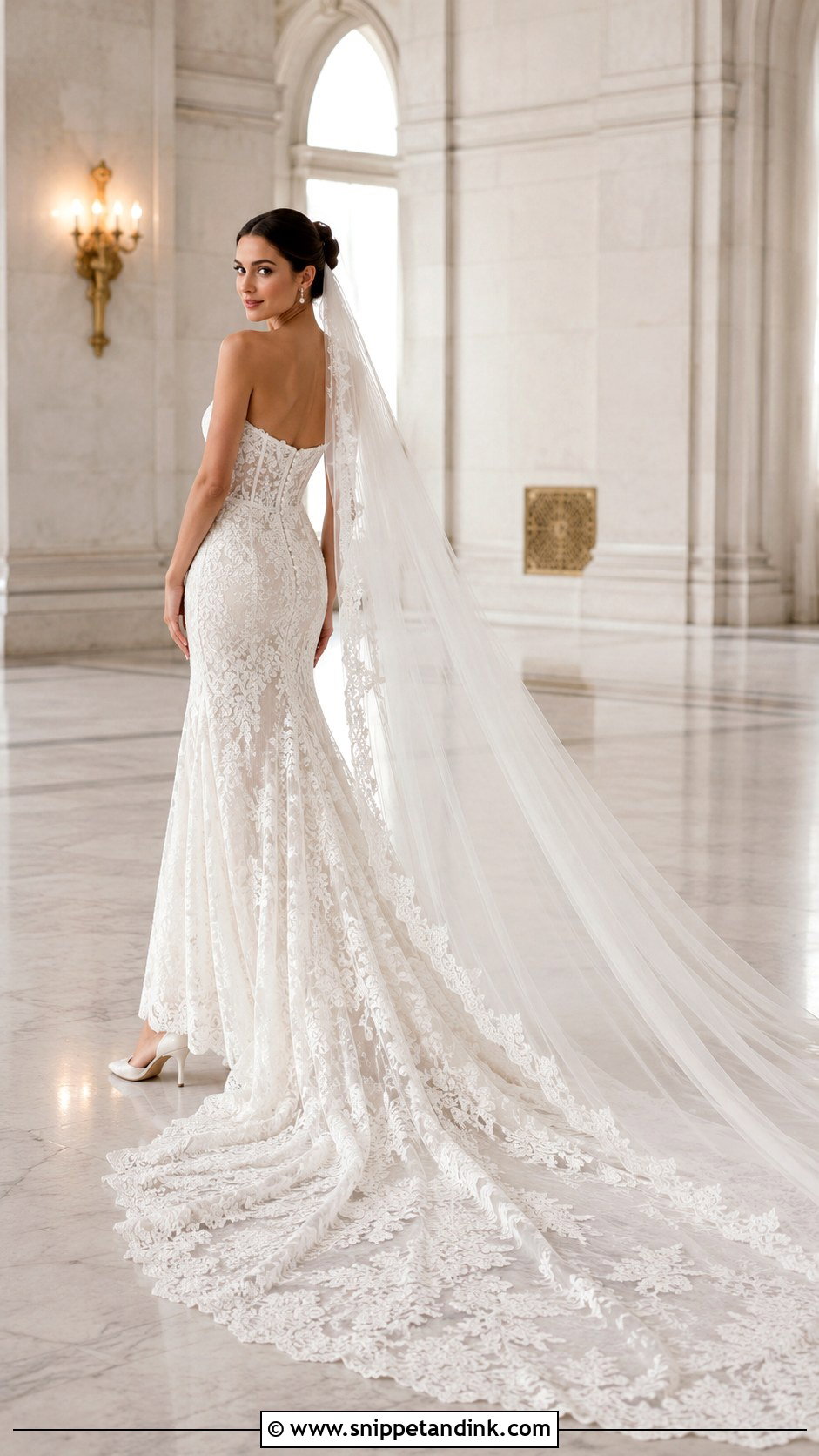 Cathedral Train Basque Waist Lace Wedding Dress - Snippet and Ink - 20 Basque Waist Lace Wedding Dress Ideas
