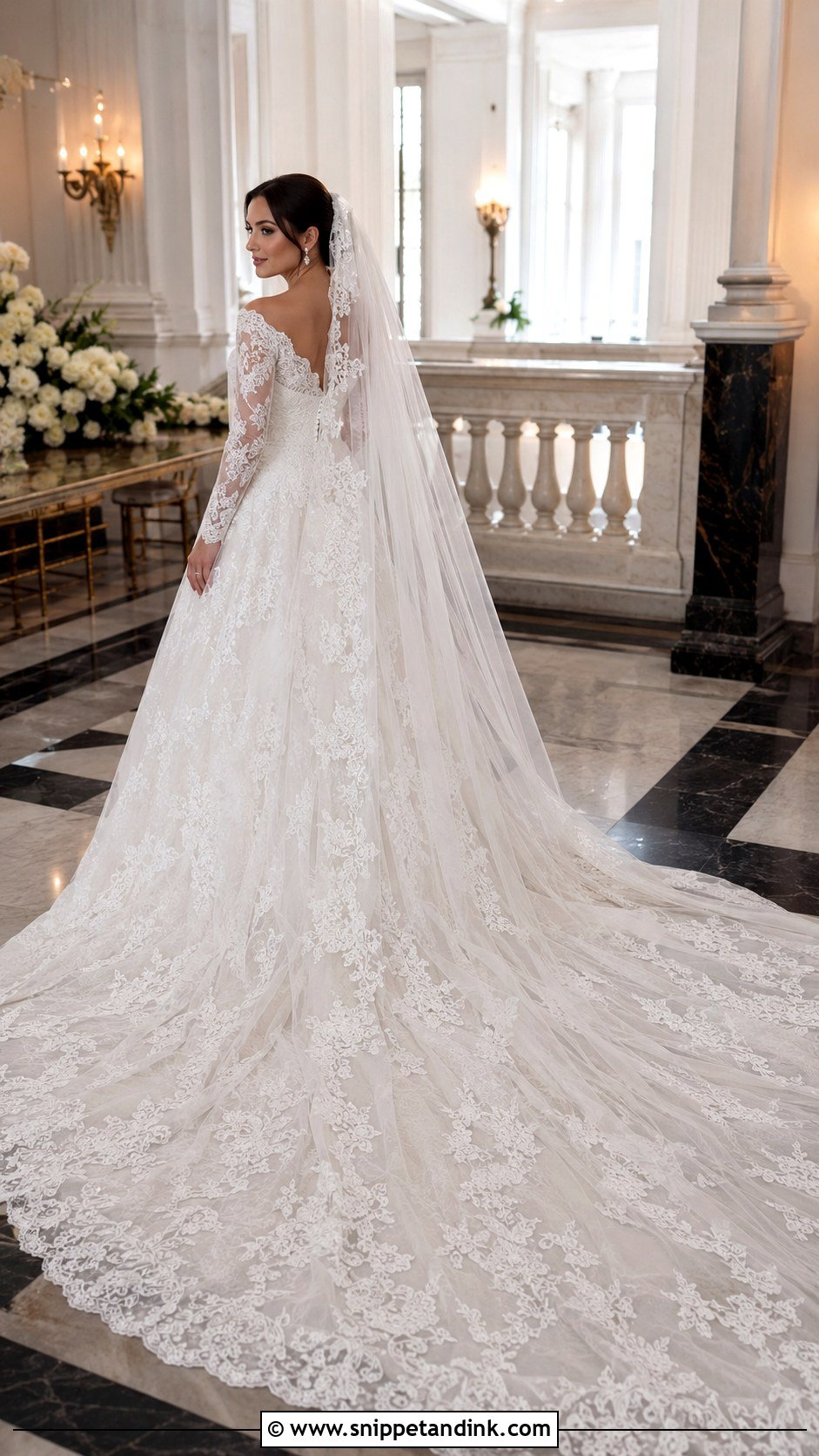 Cathedral Train Boat Neck Wedding Dress With Lace Sleeves - Snippet and Ink - 20 Boat Neck Wedding Dress with Sleeves