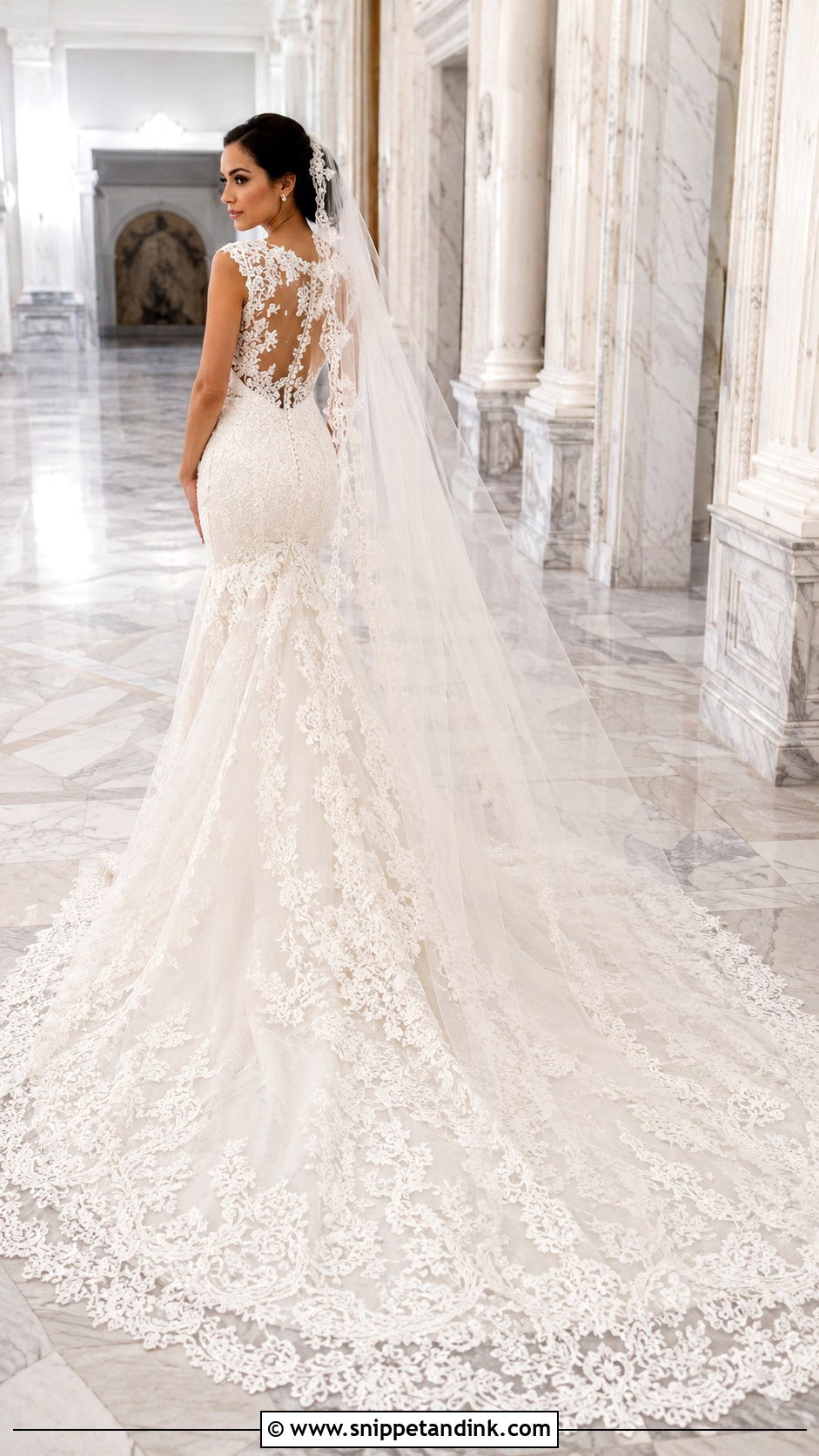 Cathedral Train Lace Trumpet Wedding Dress - Snippet and Ink - 20 Lace Trumpet Wedding Dress Ideas