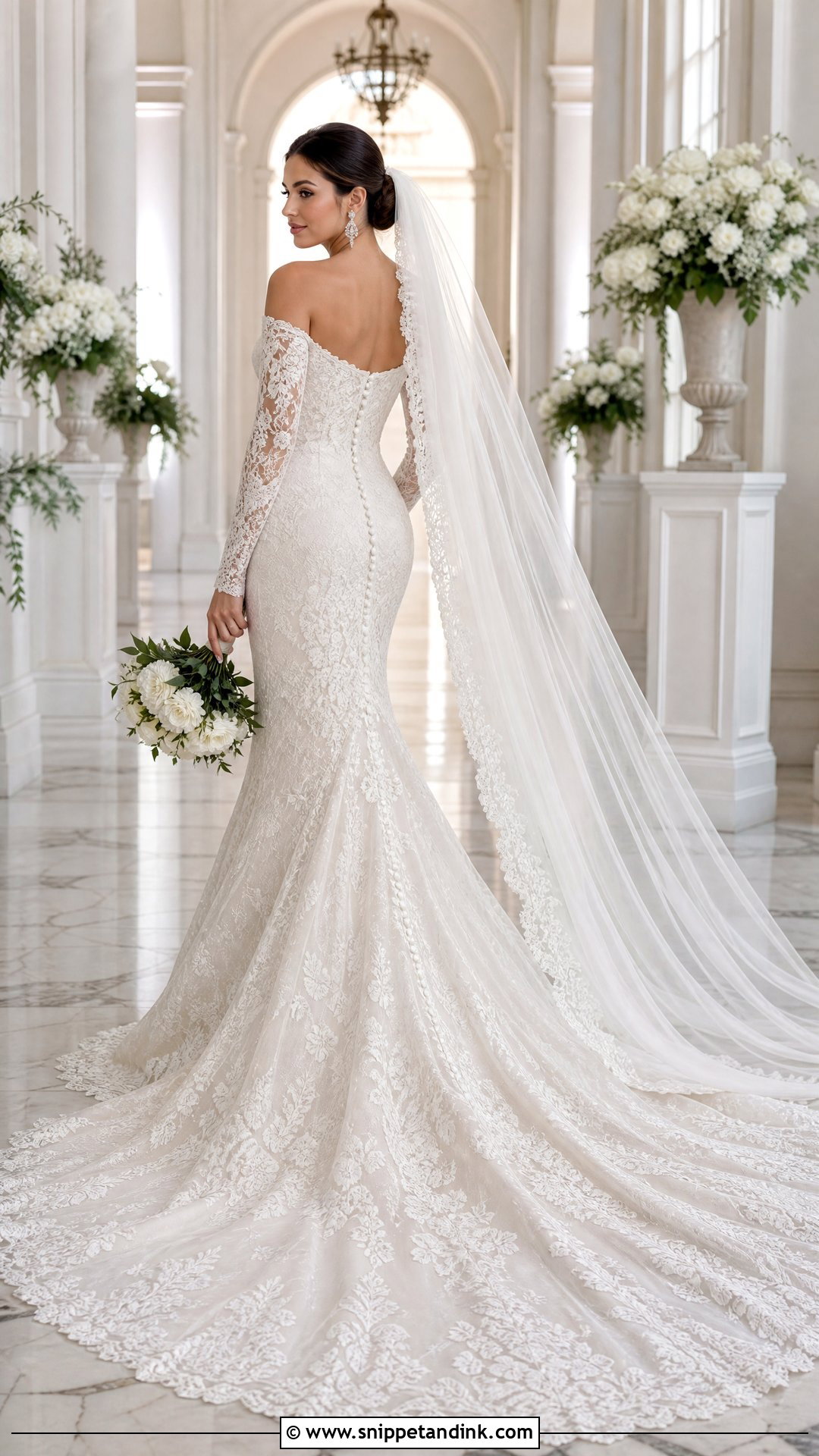 Cathedral Train Off the Shoulder Long Sleeve Wedding Dress - Snippet and Ink - 20 Off the Shoulder Long Sleeve Wedding Ideas