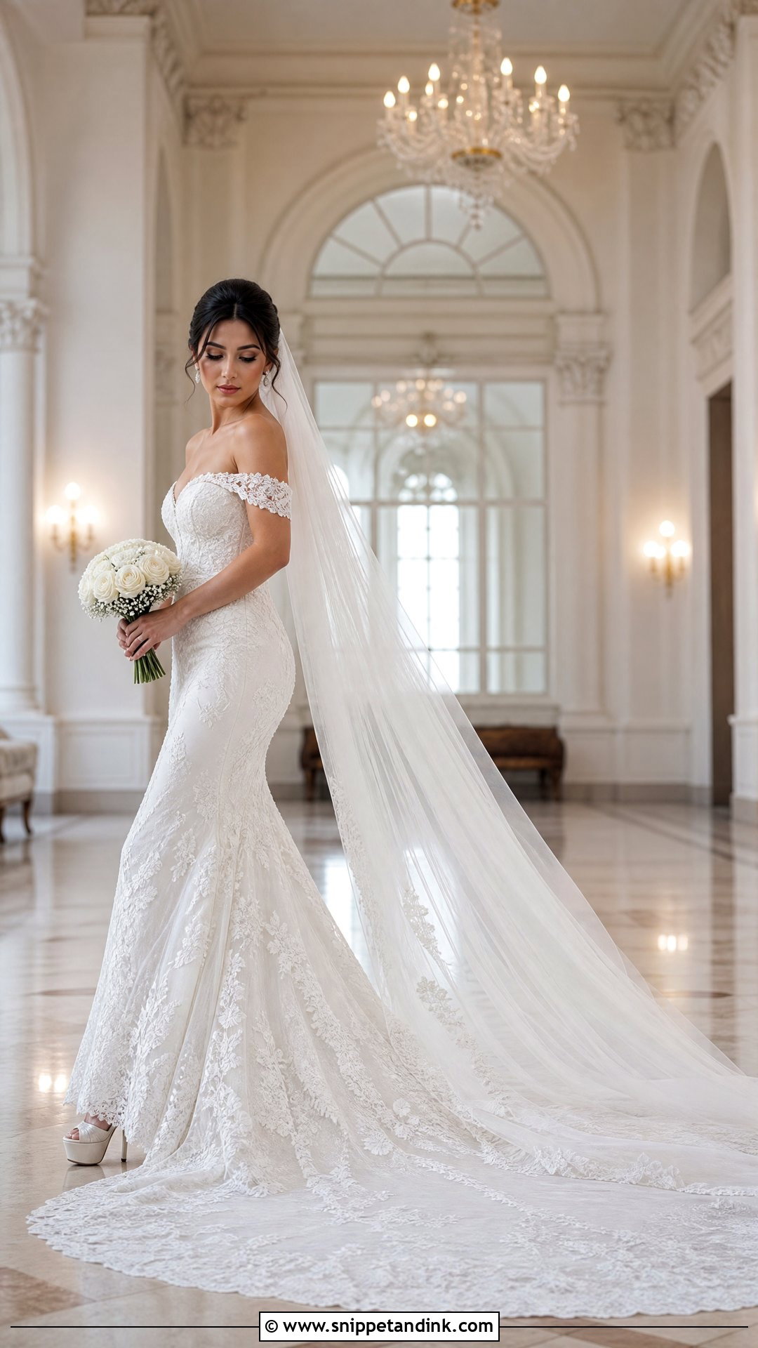 Cathedral Train Off the Shoulder Mermaid Wedding Dress - Snippet and Ink - 20 Off the Shoulder Mermaid Wedding Dress Ideas
