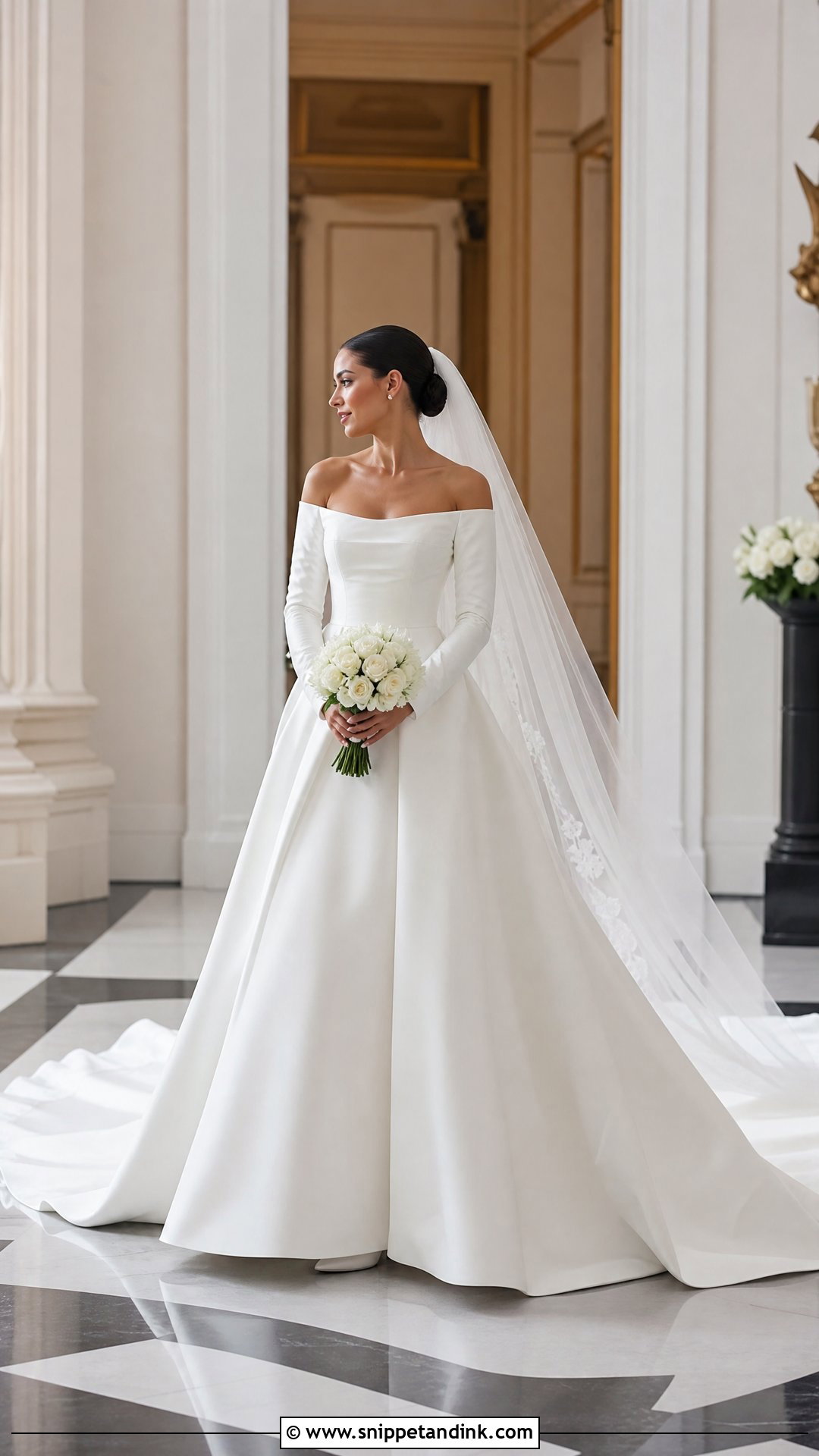 Cathedral Train Off the Shoulder Wedding Dress - Snippet and Ink - 20 Simple Long Wedding Dress with Off the Shoulder Sleeves