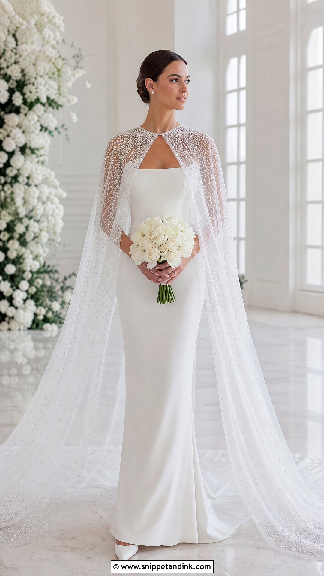 Cathedral Tulle Bridal Cape With Crepe Column Dress - Snippet and Ink - 20 Winter Bridal Cape Ideas
