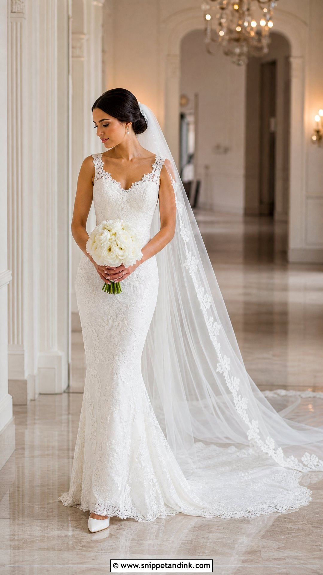 Cathedral Veil Wedding Headpiece With Lace Gown - Snippet and Ink - 20 Wedding Head Pieces Ideas