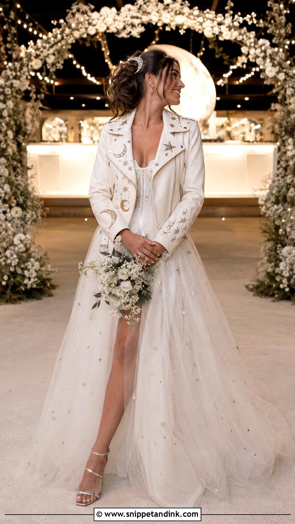 Celestial Bride Leather Jacket With Star Tulle Gown - Snippet and Ink - 20 Bride Leather Jacket Ideas