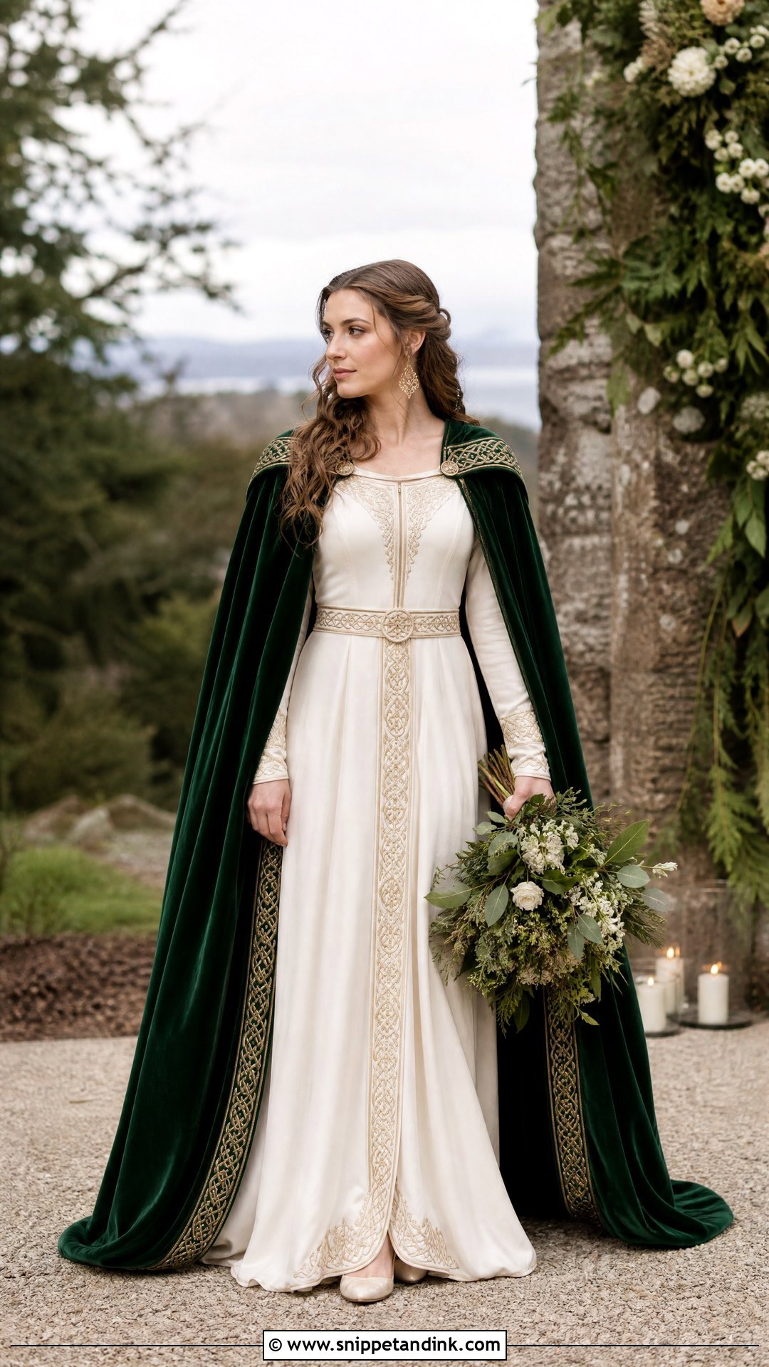Celtic Wedding Dress With Green Velvet Cloak - Snippet and Ink - 25 Celtic Wedding Dress Ideas