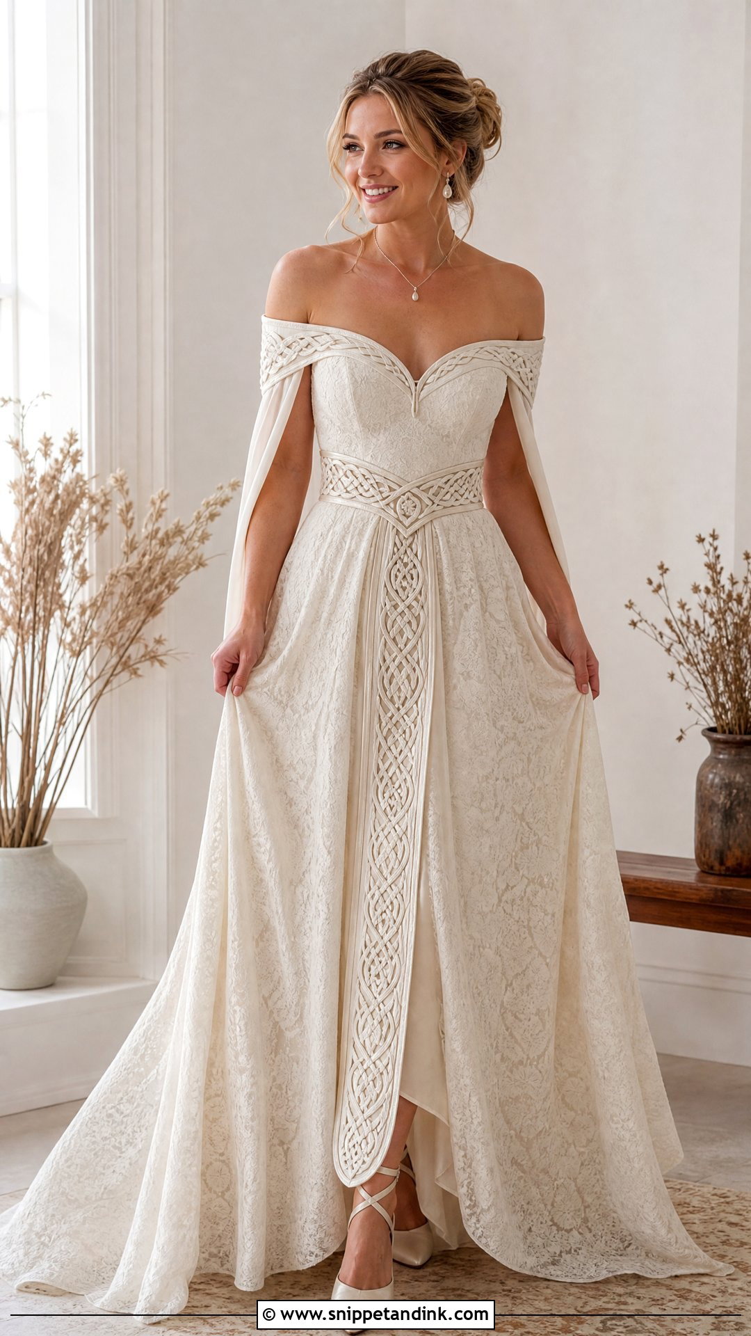 Celtic Wedding Dress With Off Shoulder Neckline - Snippet and Ink - 25 Celtic Wedding Dress Ideas