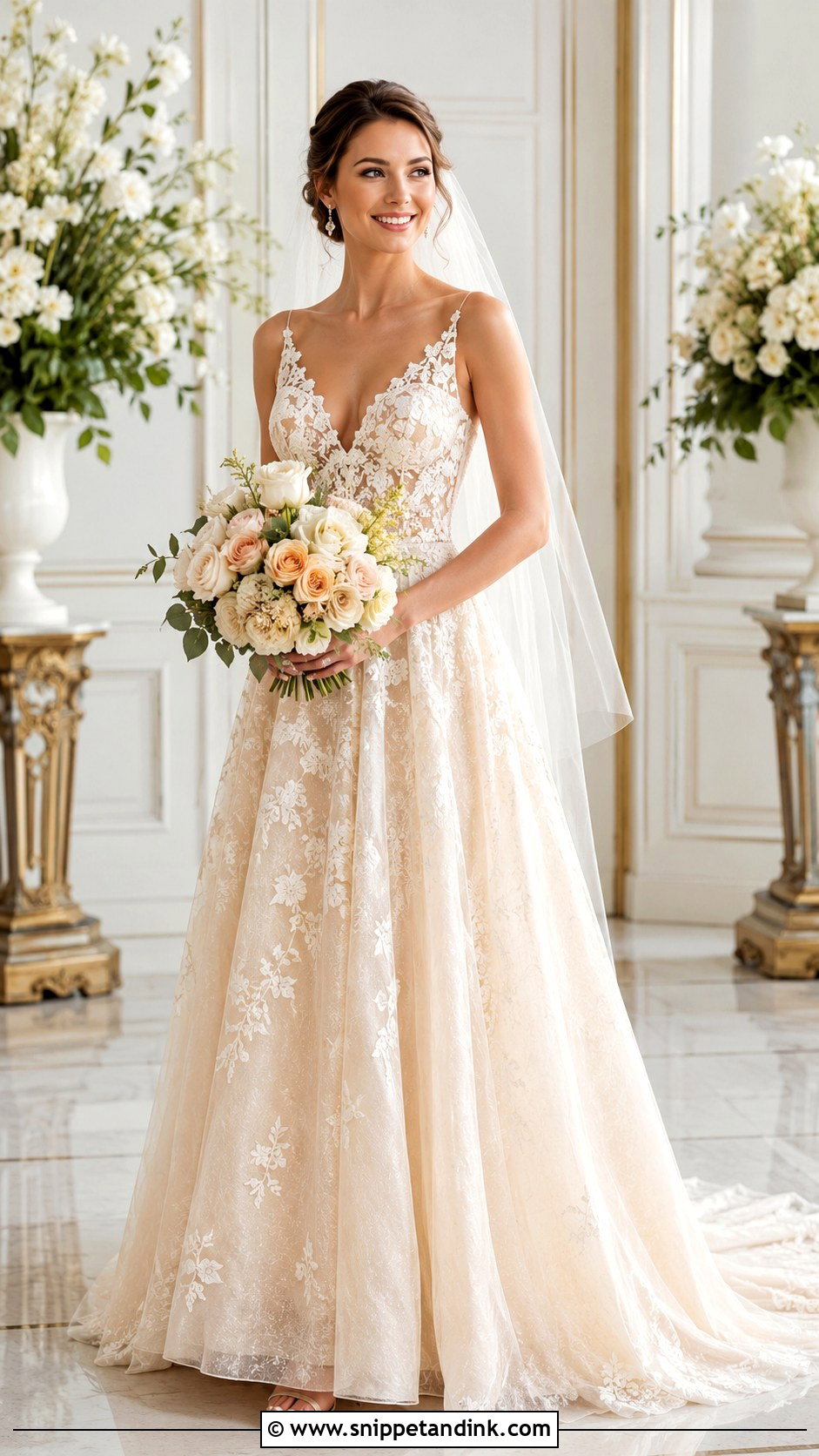 Champagne A Line Wedding Dress With Gold Accessories - Snippet and Ink - 20 A Shape Wedding Dress Ideas