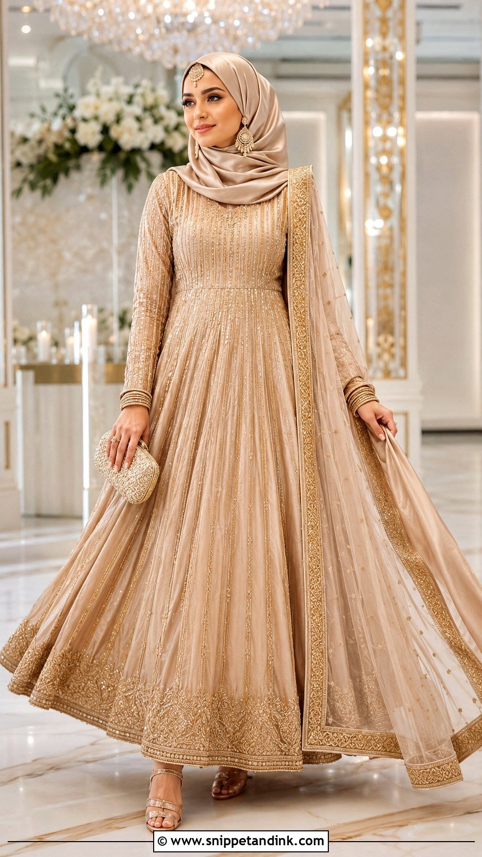 Champagne Anarkali Hijab Dulhan Look - Snippet and Ink - 20 Hijab Dulhan Ideas