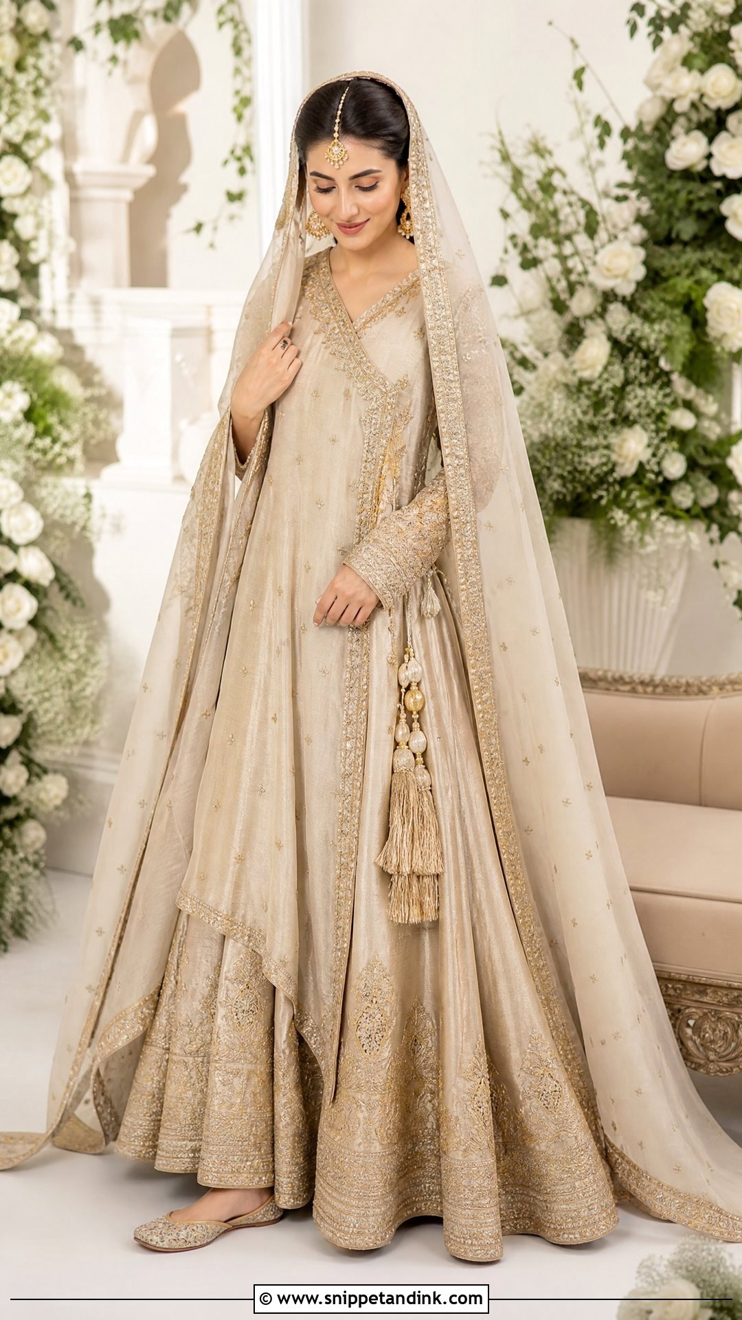 Champagne Angrakha Pishwas Nikah Dress - Snippet and Ink - 20 Pakistani Bridal Nikah Dress Ideas
