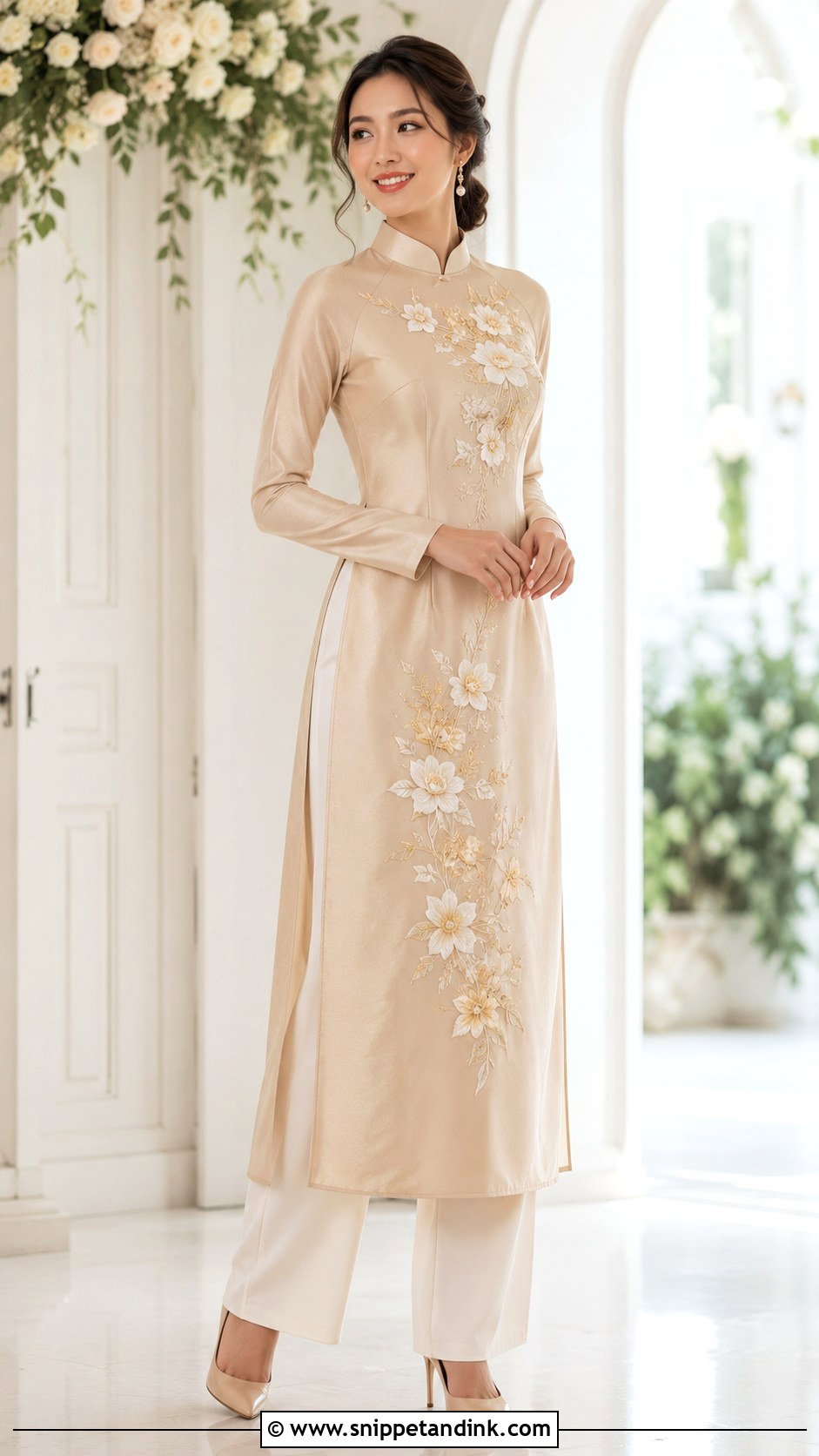 Champagne Ao Dai With Floral Embroidery - Snippet and Ink - 25 Wedding Ao Dai Ideas