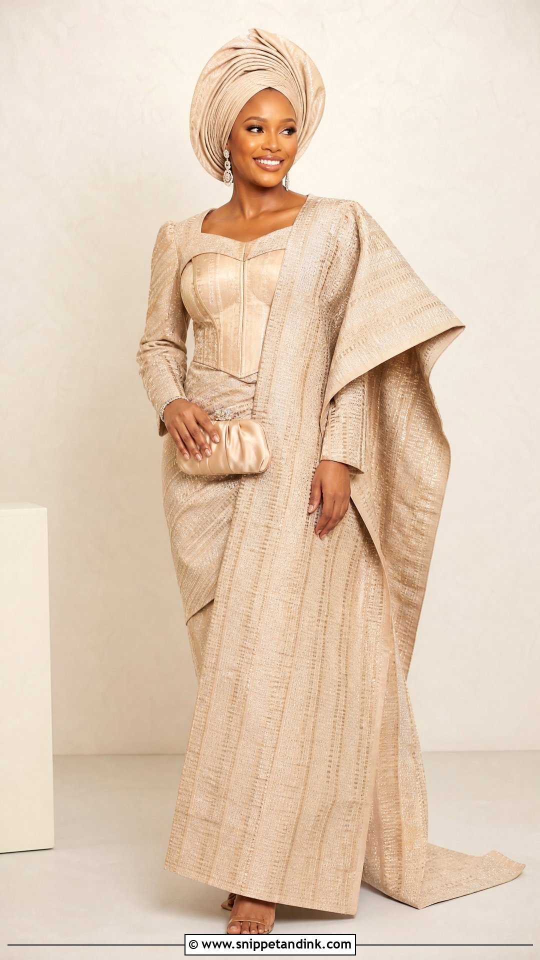 Champagne Aso Oke Bridal Attire - Snippet and Ink - 25 Yoruba Bride Traditional Attire Ideas