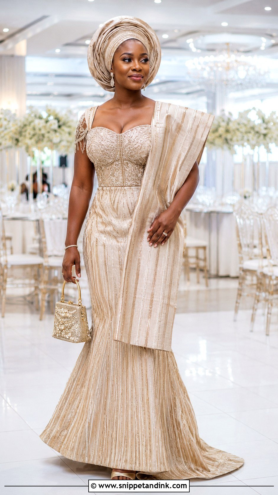 Champagne Aso Oke Yoruba Wedding Gown - Snippet and Ink - 20 Yoruba Wedding Dress Ideas