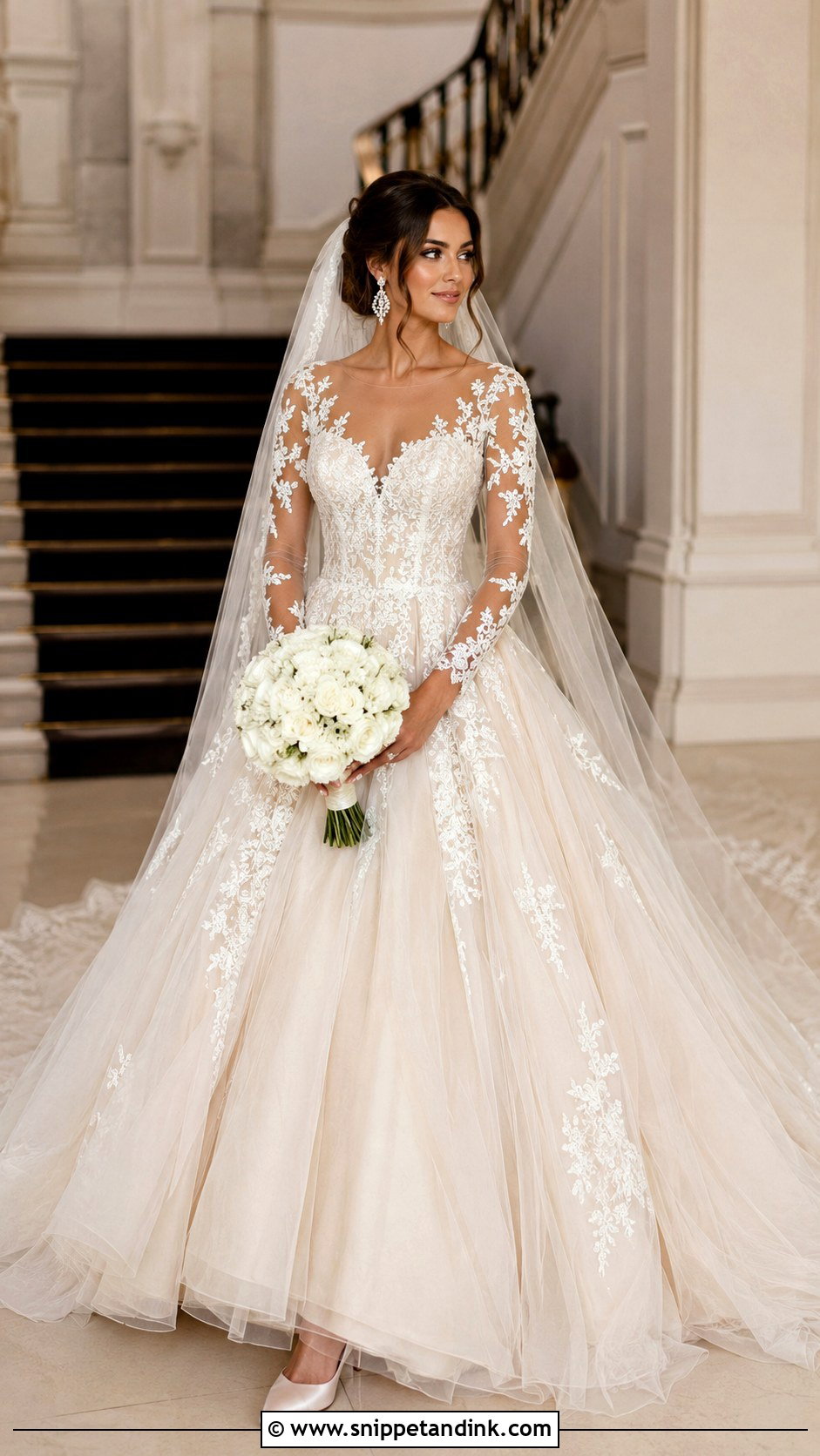 Champagne Ball Gown Wedding Dress With Illusion Sleeves - Snippet and Ink - 20 Champagne Wedding Dress with Sleeves