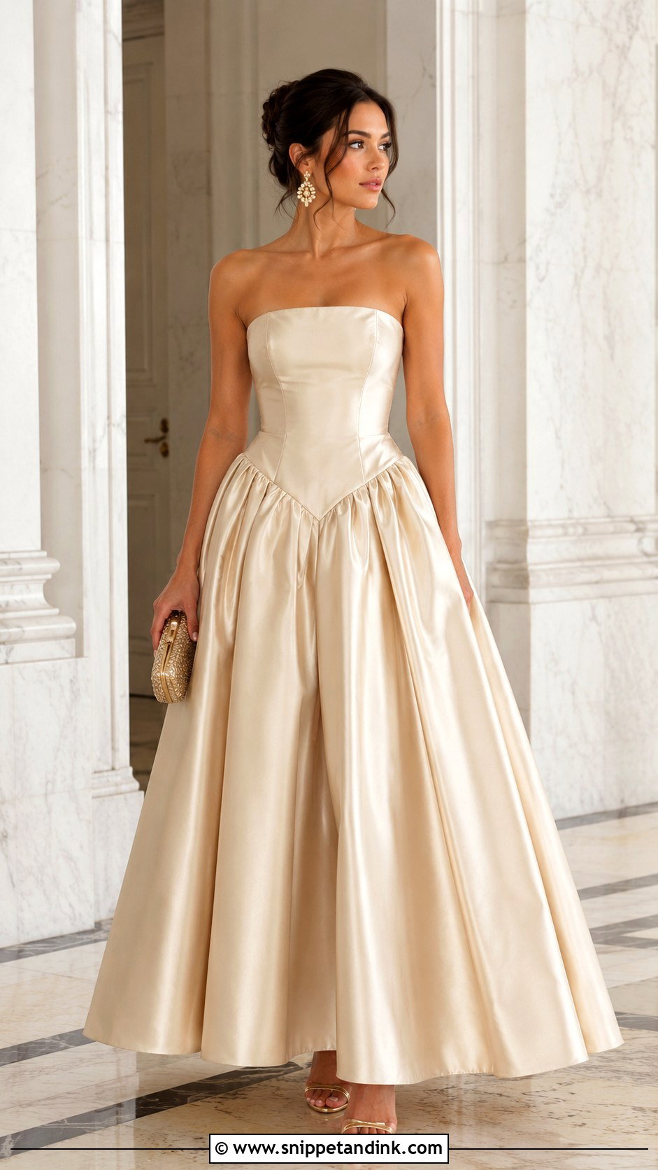 Champagne Basque Waist Ball Gown With Gold Heels - Snippet and Ink - 20 Modern Ball Gown Ideas