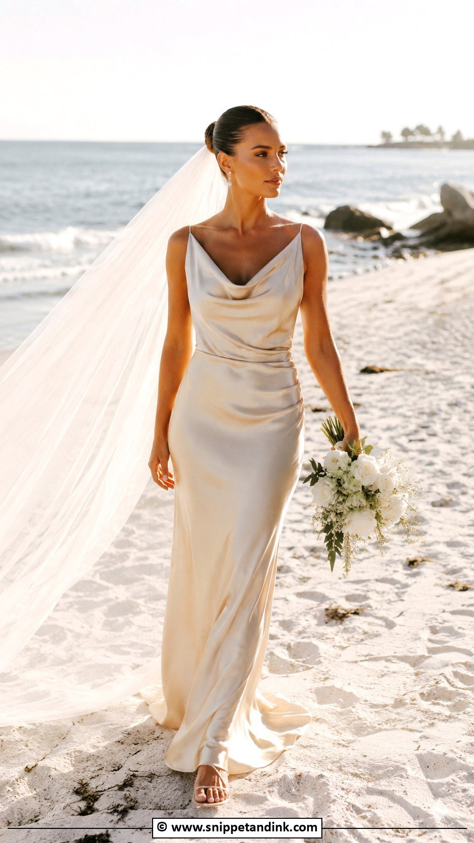 Champagne Beach Bridal Dress With Metallic Sandals - Snippet and Ink - 30 Beach Bridal Dresses