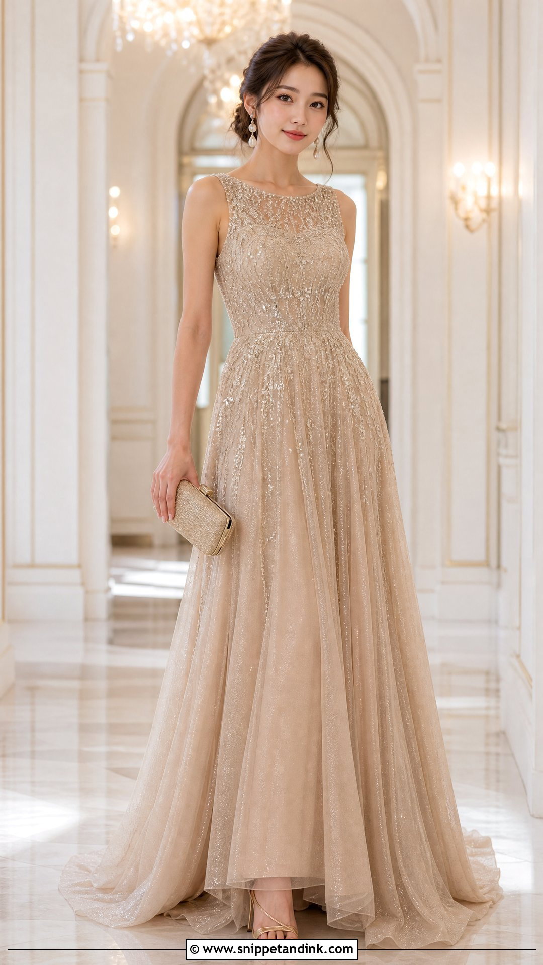 Champagne Beaded A Line Gown - Snippet and Ink - 20 Regal Dress Gowns