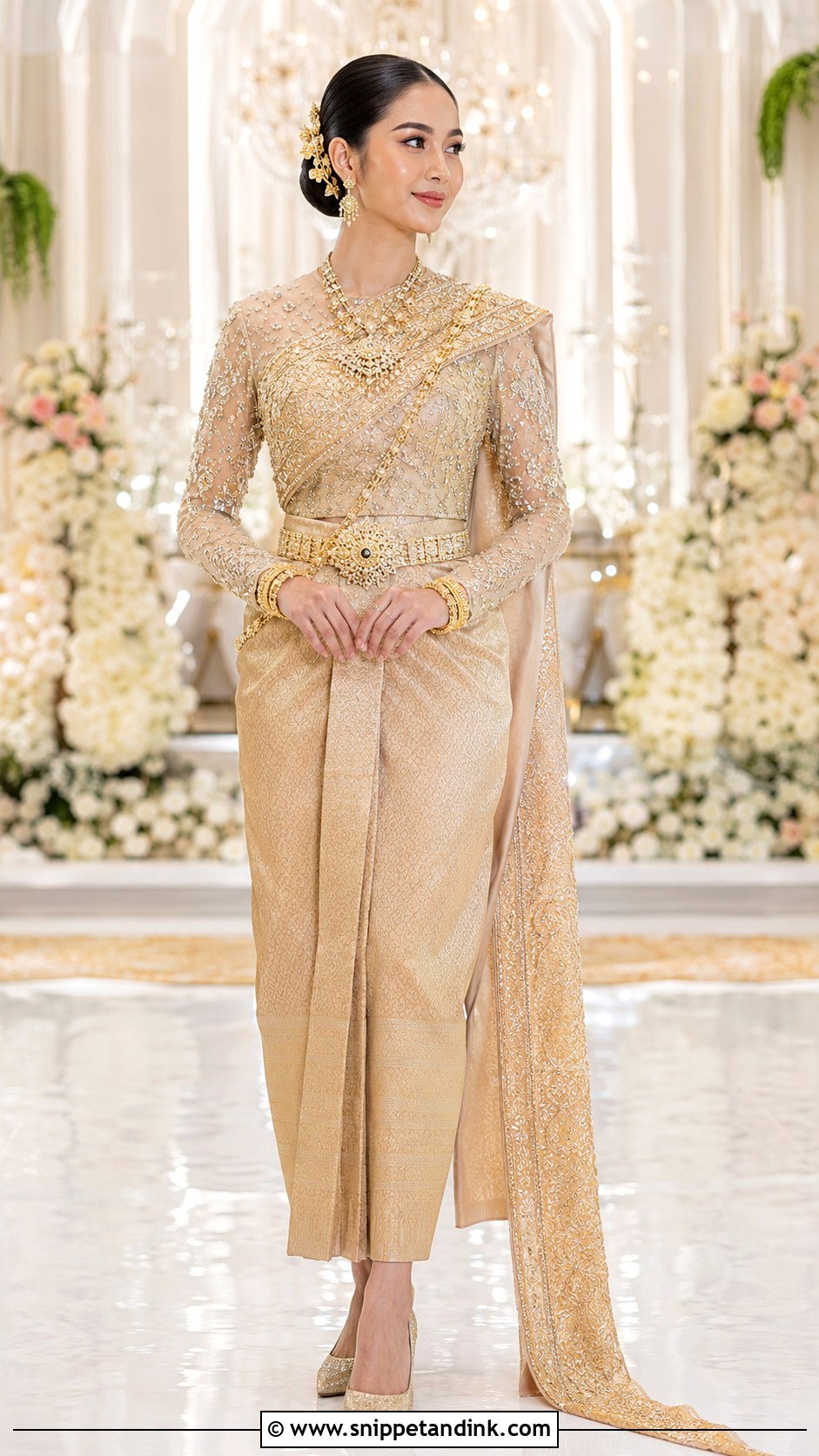 Champagne Beaded Cambodian Wedding Dress - Snippet and Ink - 20 Cambodian Wedding Dress Ideas
