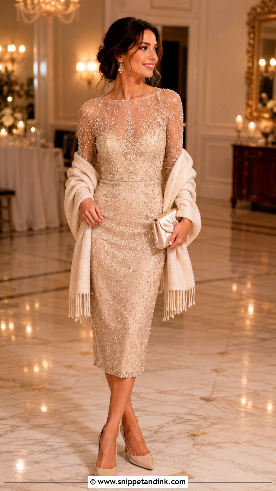 Champagne Beaded Fall Rehearsal Dinner Dress - Snippet and Ink - 20 Fall Rehearsal Dinner Dress for Bride Ideas