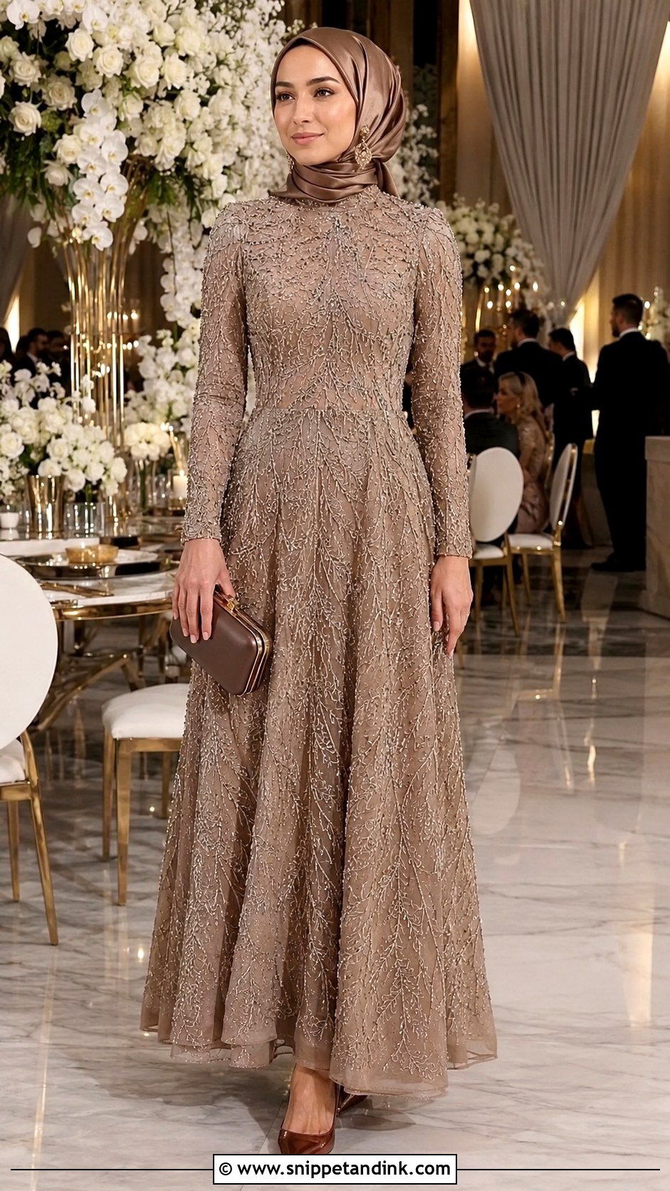 Champagne Beaded Hijab Dress - Snippet and Ink - 20 Hijab Dresses for Wedding Party