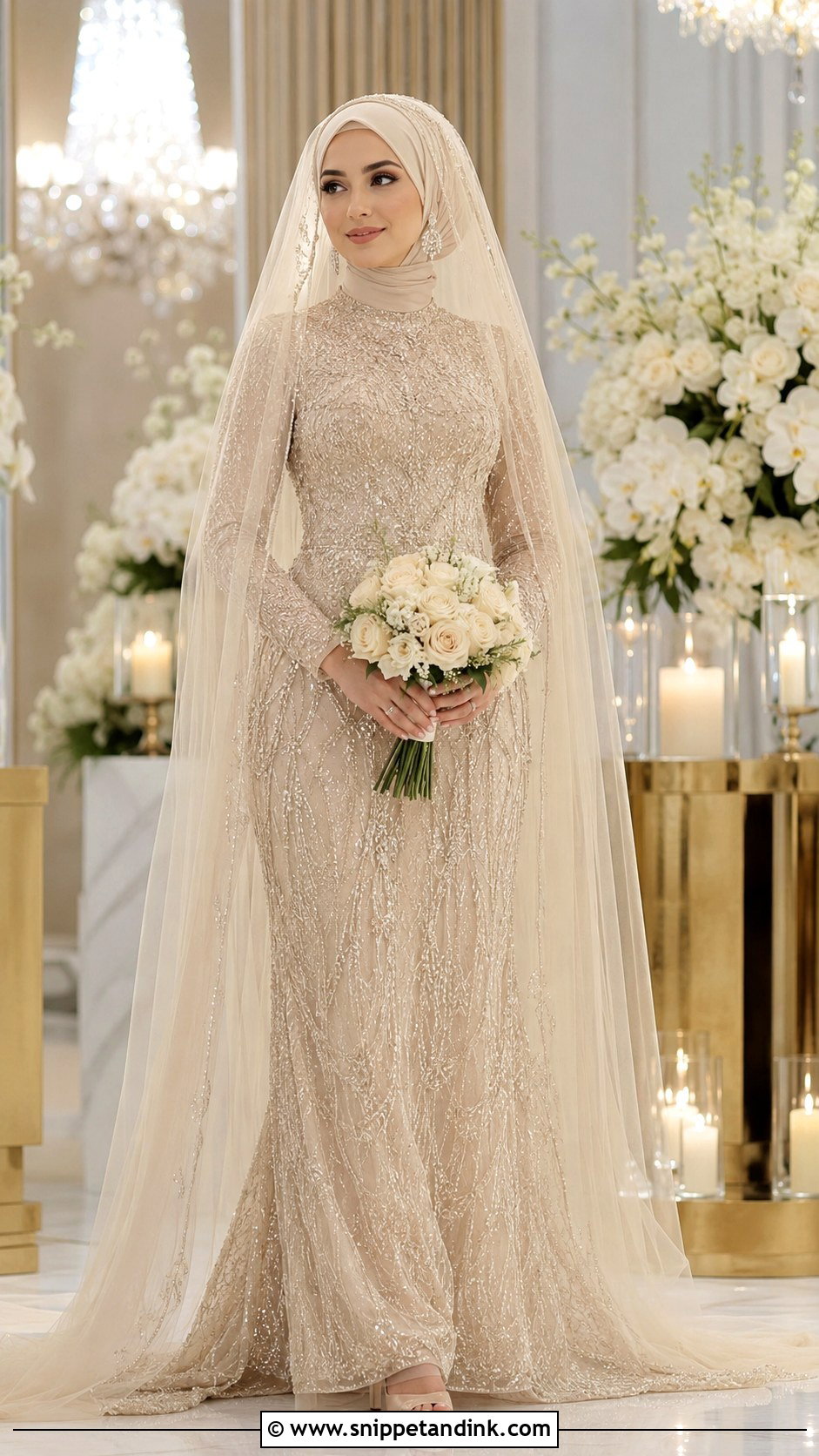 Champagne Beaded Hijabi Bride Dress - Snippet and Ink - 20 Hijabi Bride Dress Ideas