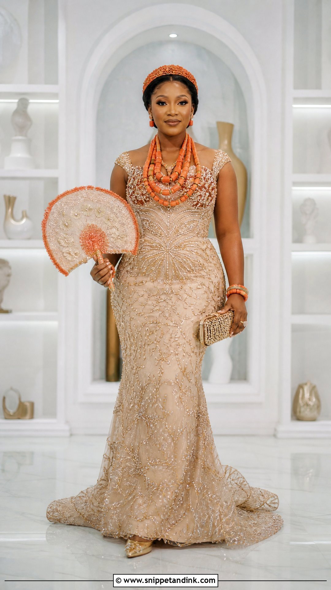 Champagne Beaded Igbo Bride Gown - Snippet and Ink - 20 Igbo Bride Traditional Wedding Outfit Ideas