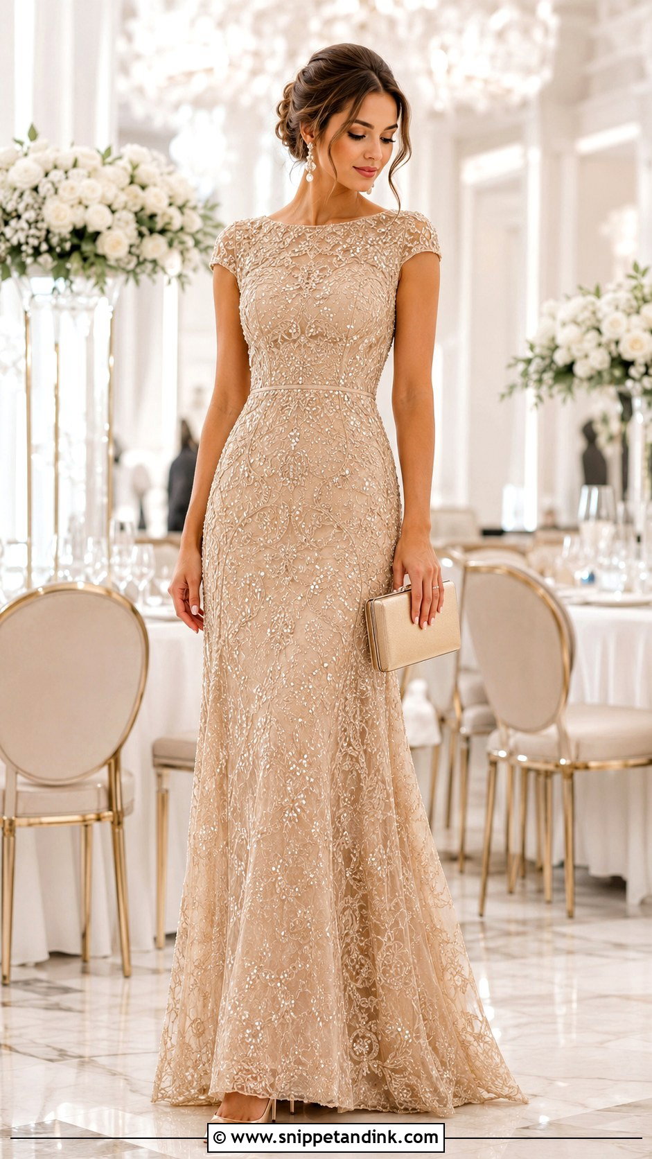 Champagne Beaded Lace Evening Gown - Snippet and Ink - 20 Beaded Lace Gown Ideas