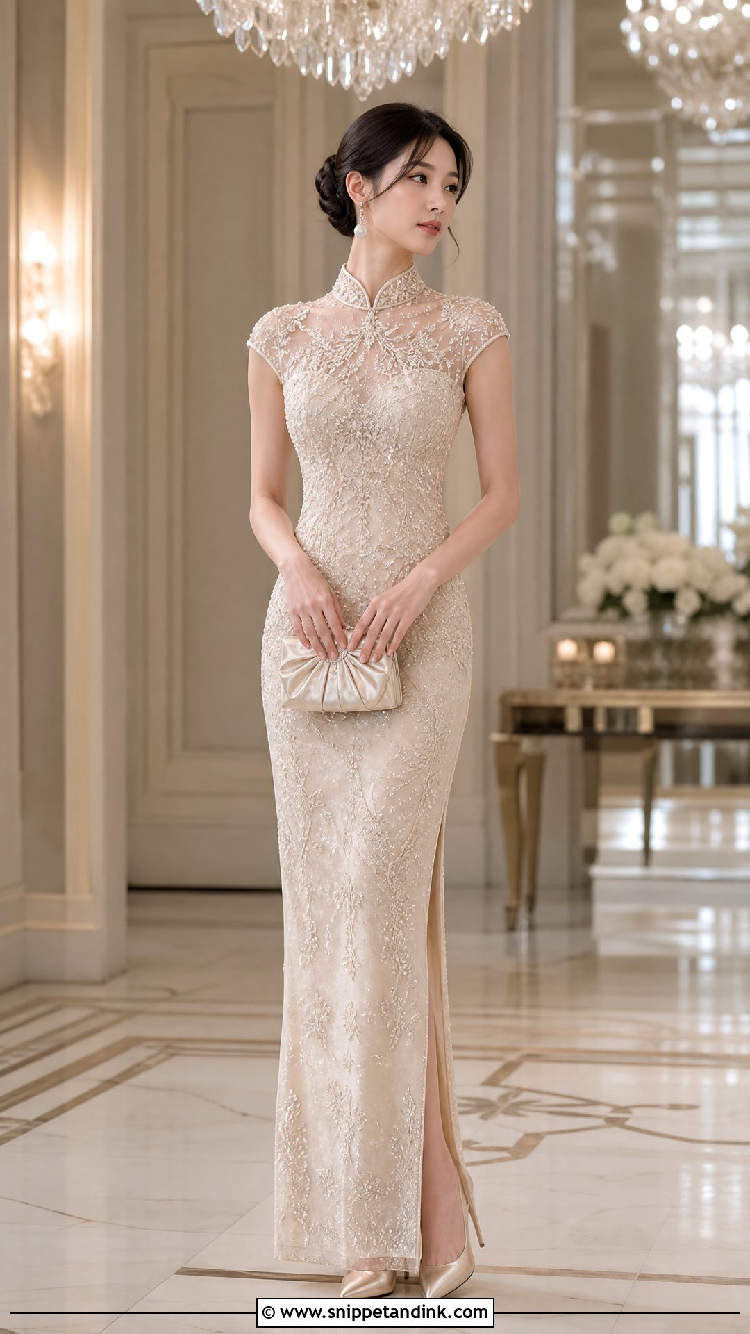 Champagne Beaded Qipao Wedding Dress - Snippet and Ink - 20 Qipao Wedding Dress Ideas