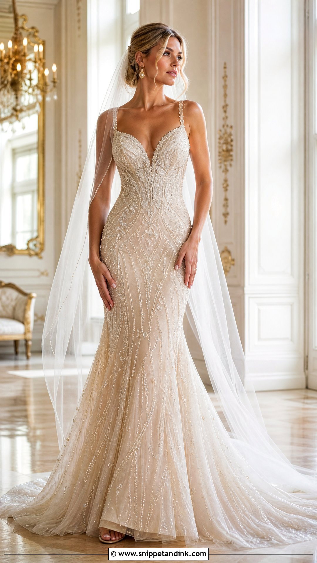 Champagne Beaded Trumpet Wedding Gown - Snippet and Ink - 20 Trumpet Wedding Gown Ideas