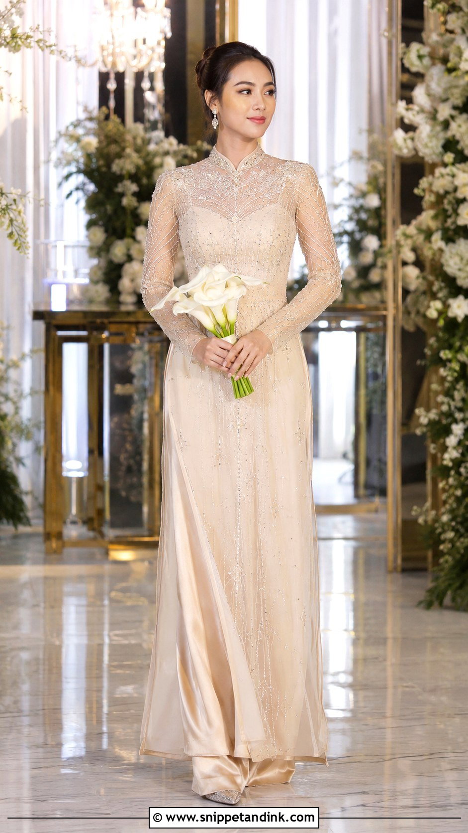 Champagne Beaded Vietnamese Wedding o Dai - Snippet and Ink - 20 Vietnam Wedding Dress Ideas