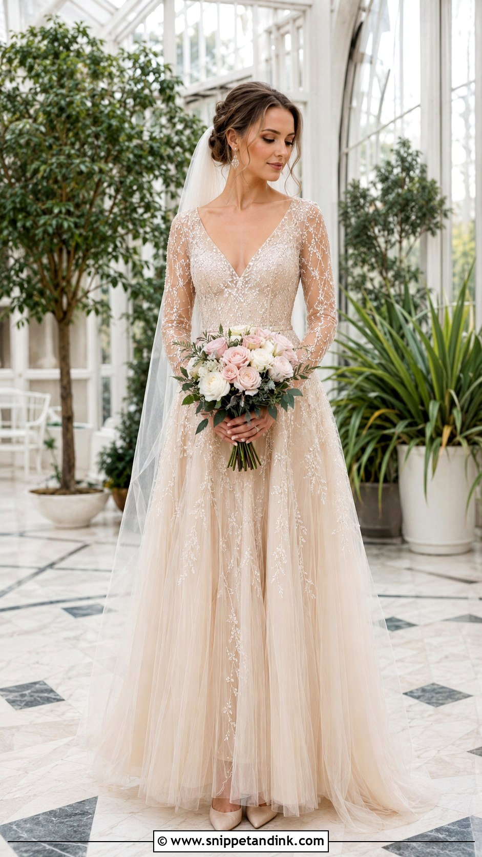 Champagne Beaded Wedding Dress With Long Sleeves - Snippet and Ink - 20 Long Sleeve Beaded Wedding Dress Ideas