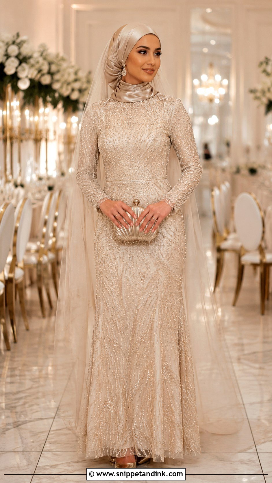 Champagne Beaded Wedding Hijab Outfit - Snippet and Ink - 20 Hijab in Wedding Ideas