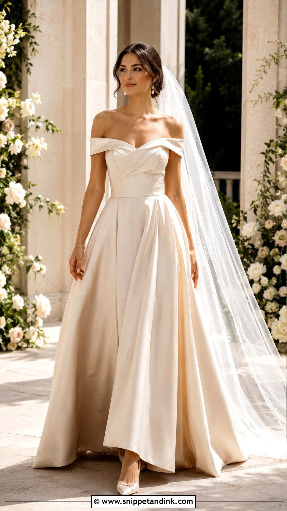 Champagne Beige Off Shoulder Wedding Dress - Snippet and Ink - 25 Champagne Beige Wedding Dress Ideas