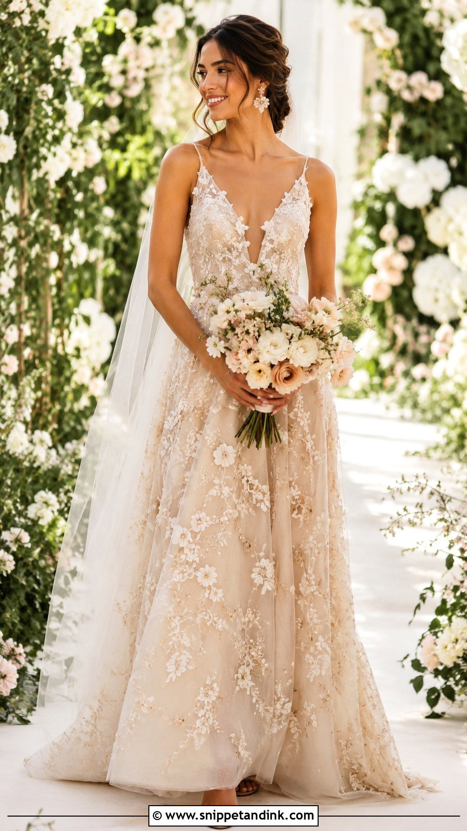 Champagne Beige Wedding Dress With Floral Appliques - Snippet and Ink - 25 Champagne Beige Wedding Dress Ideas