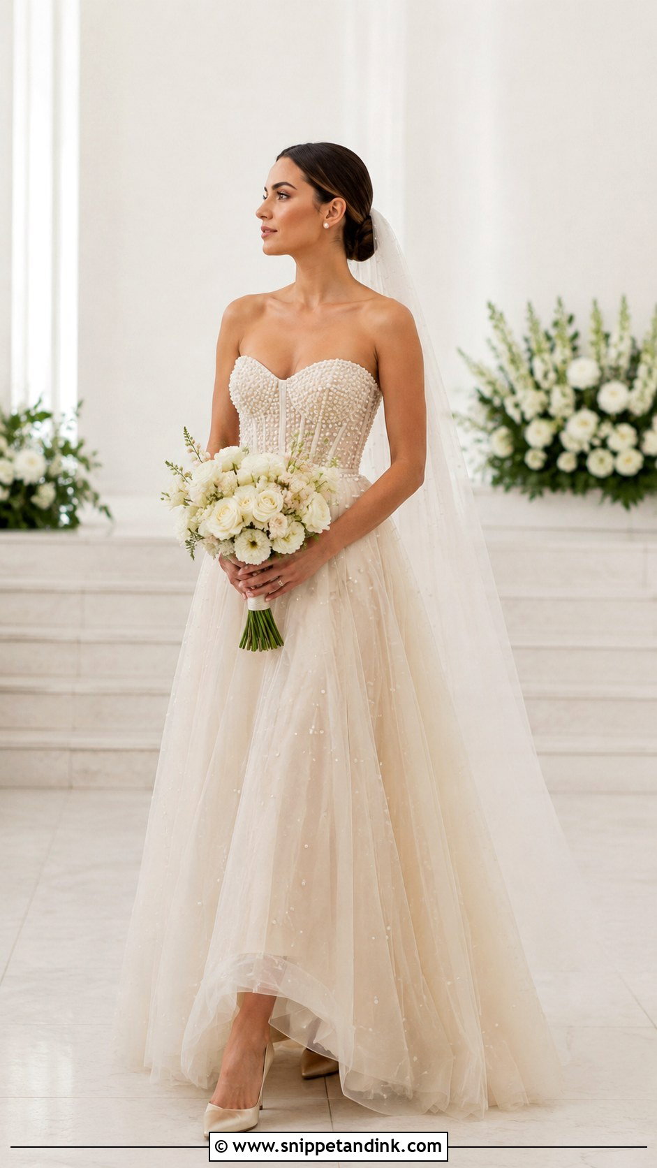 Champagne Beige Wedding Dress With Pearl Details - Snippet and Ink - 25 Champagne Beige Wedding Dress Ideas