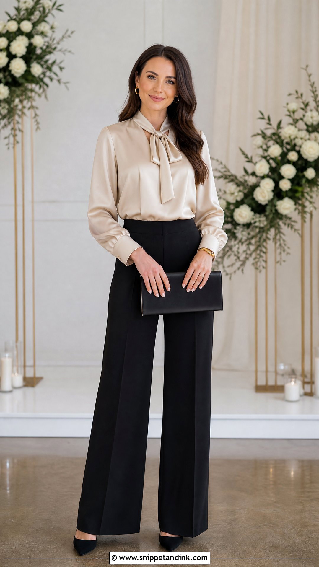 Champagne Blouse And Black Trousers Wedding Officiant Attire - Snippet and Ink - 25 Wedding Officiant Attire Ideas