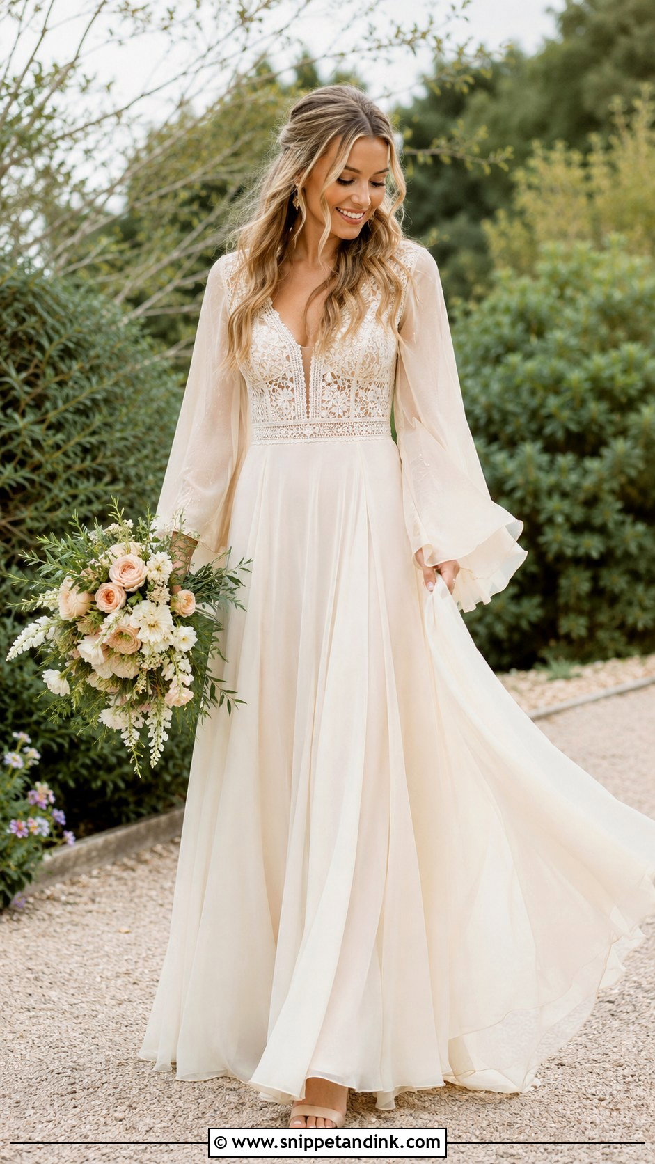 Champagne Boho Wedding Dress With Bell Sleeves - Snippet and Ink - 20 Champagne Wedding Dress with Sleeves